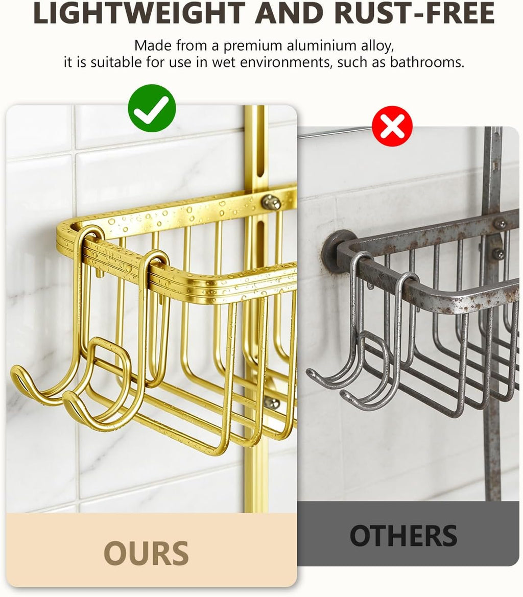 Adjustable Shower Caddy Hanging - Never Rust Shower Organizer Hanging, Aluminum Shower Racks for Inside Shower - Bathroom Organizers and Storage with 2 Soap Holders and 2 Removable Hooks Gold
