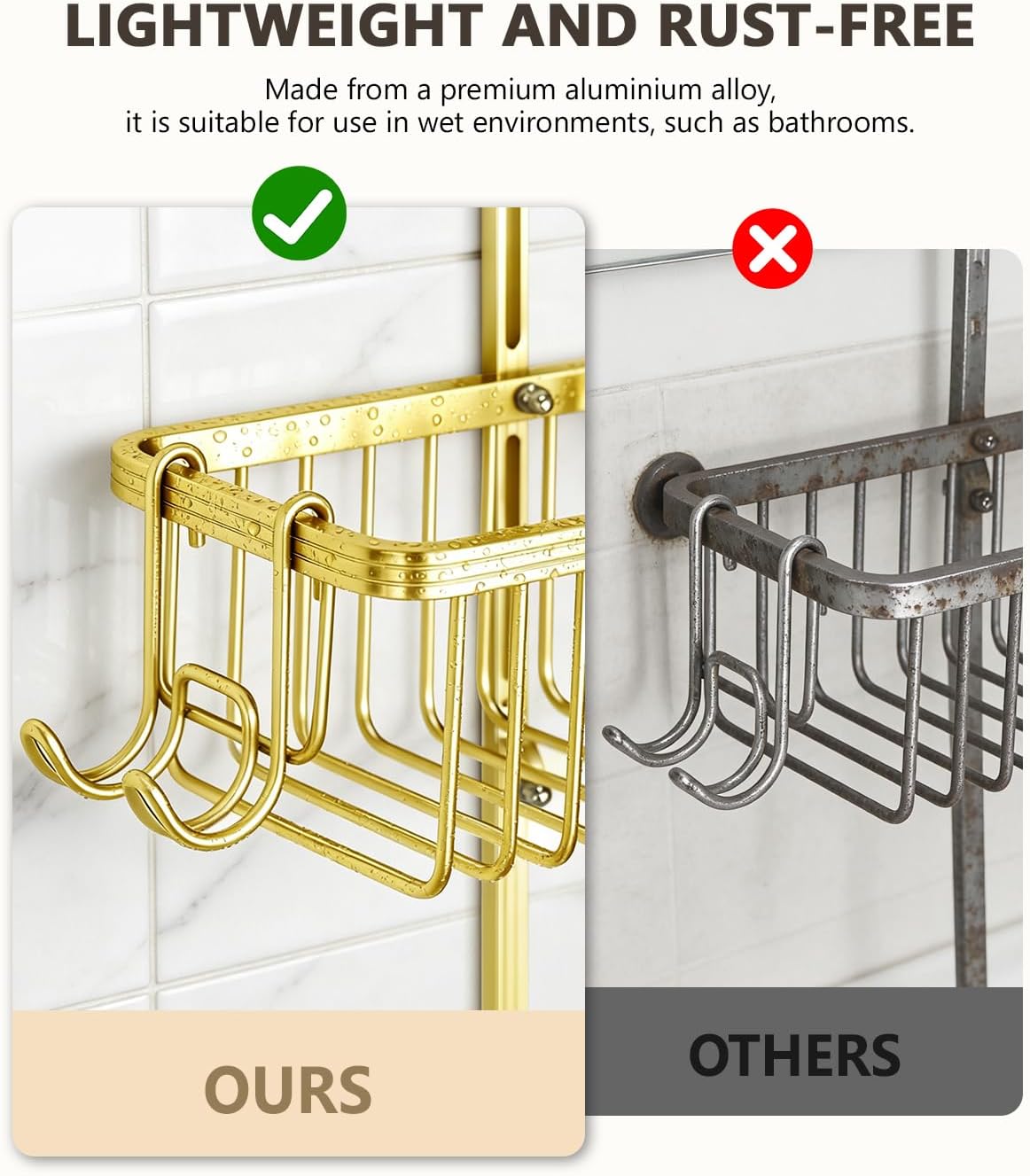 Adjustable Shower Caddy Hanging - Never Rust Shower Organizer Hanging, Aluminum Shower Racks for Inside Shower - Bathroom Organizers and Storage with 2 Soap Holders and 2 Removable Hooks Gold