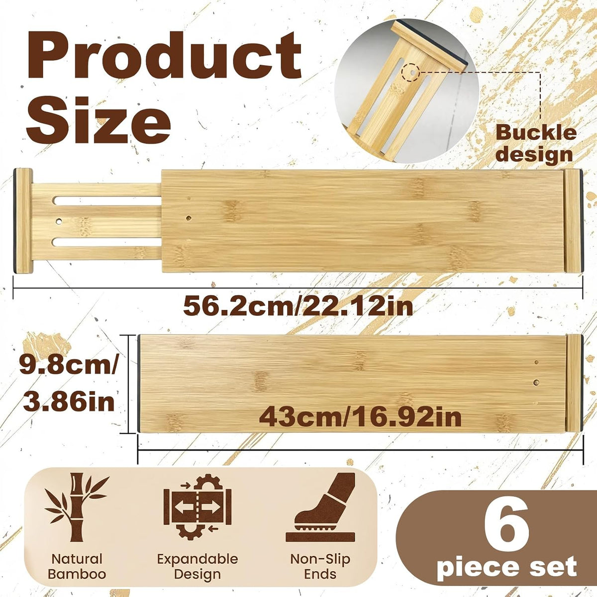 Joyeee Kitchen Drawer Dividers 6 Pack, 16.9-22.1" Adjustable Bamboo Drawer Organizer, 3.86" High Expandable Utensils Separators for Closet, Dresser, Bathroom, Bedroom, Office