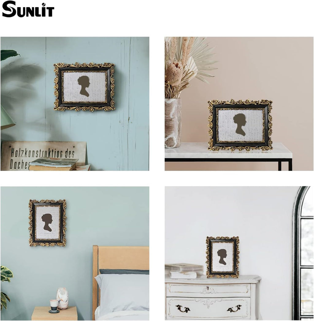 Sunlit Vintage Picture Frame 5x7 Inch, Luxury Antique Photo Frames with Glass Front, Photo Display, Tabletop Wall Hanging, Gift Ideas, Gold and Black