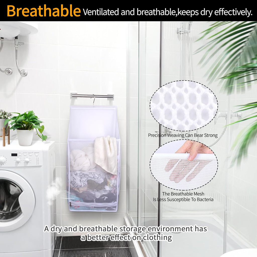 Hanging Collapsible Breathable Mesh laundry bags,Fast Drying Portable Space Saving Laundry Hamper for dorm,Rv Laundry Hamper Storage (White)