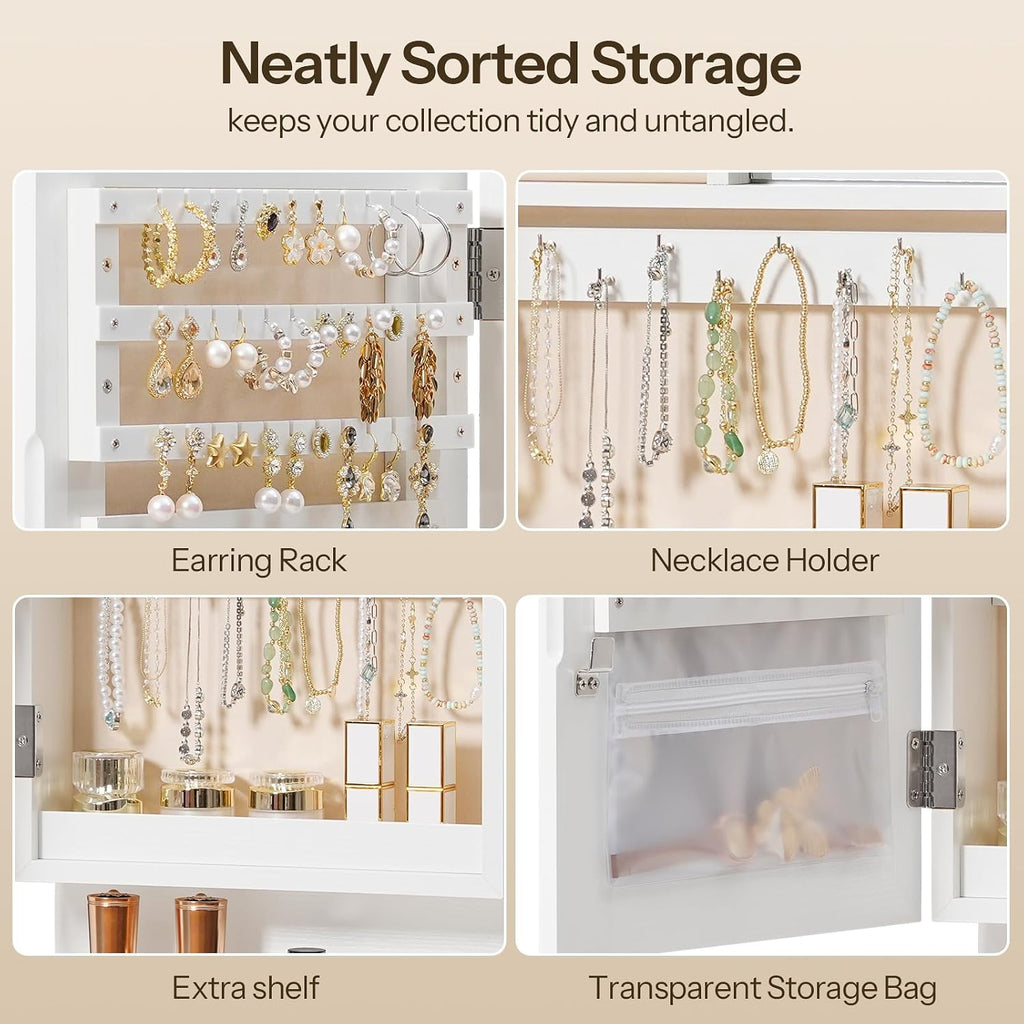 HOOBRO Wall Mounted Jewelry Cabinet, LED Jewelry Armoire with Interior Mirror, Hanging Jewelry Organizer for Wall, Lockable Jewelry Storage Cabinet, 3.9 x 11.8 x 20.9 Inches, White