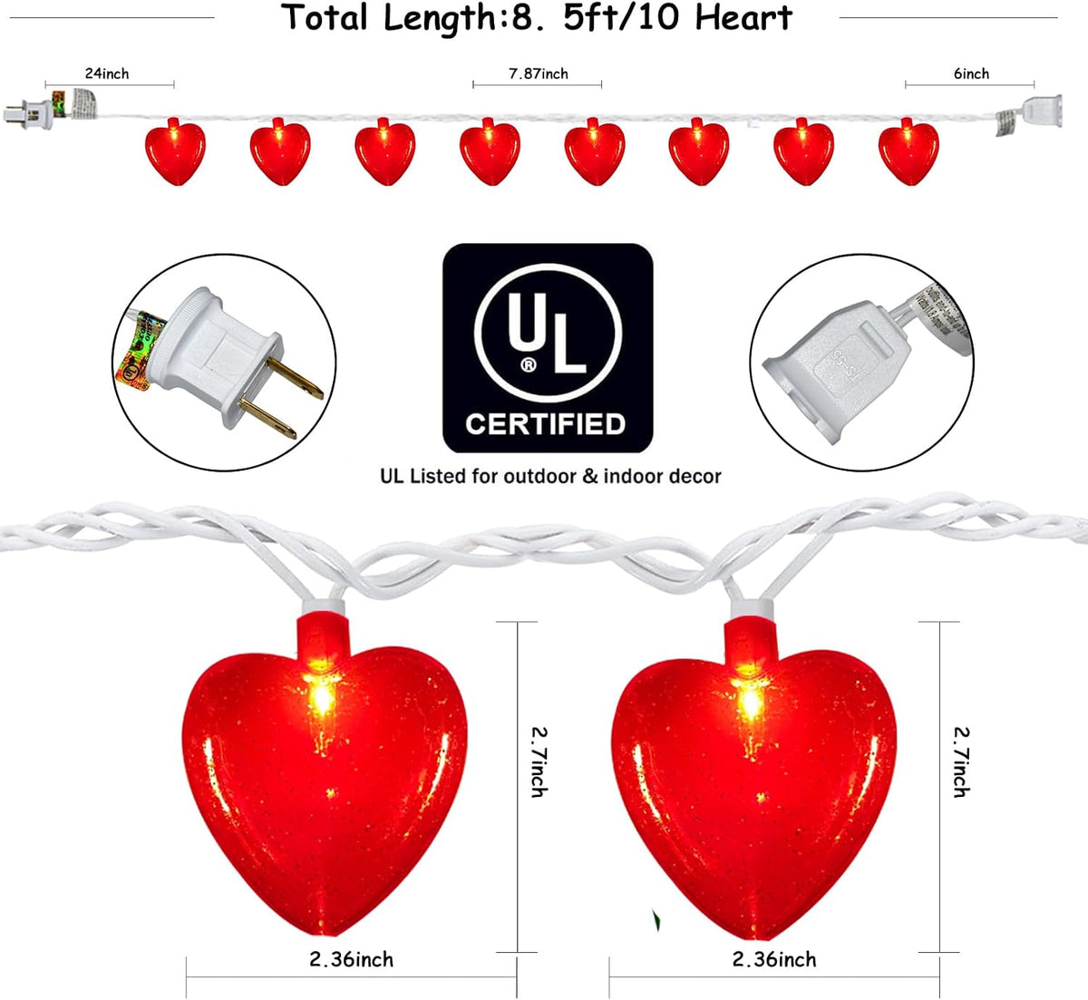 8.5Ft Red Heart Fairy String Lights, Valentine's Day Decor Lights with 10 Red 3D Heart Lights, Connectable Valentine's Day Love Heart Light for Indoor Outdoor Home Wedding Anniversary Party Decoration