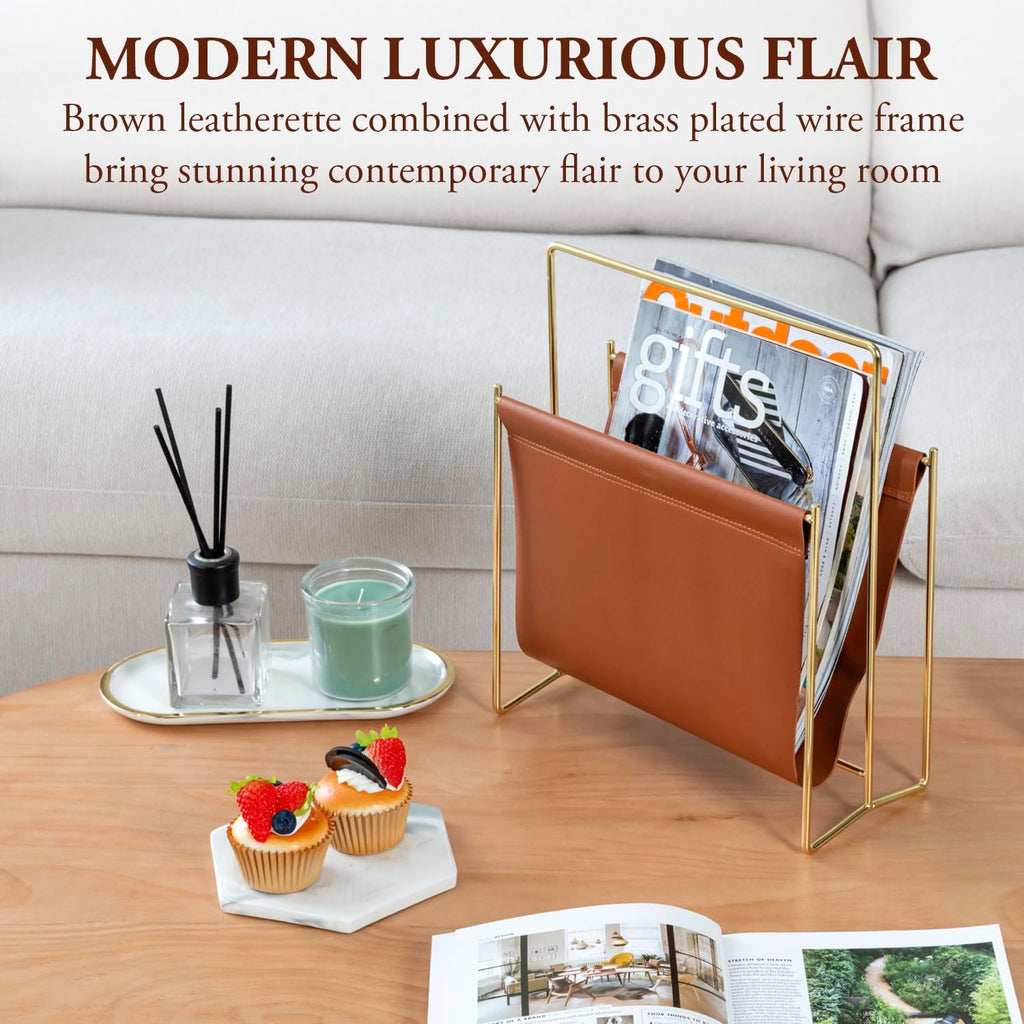MyGift Caramel Leatherette Magazine Holder with Brass Metal Frame, 13 Inch