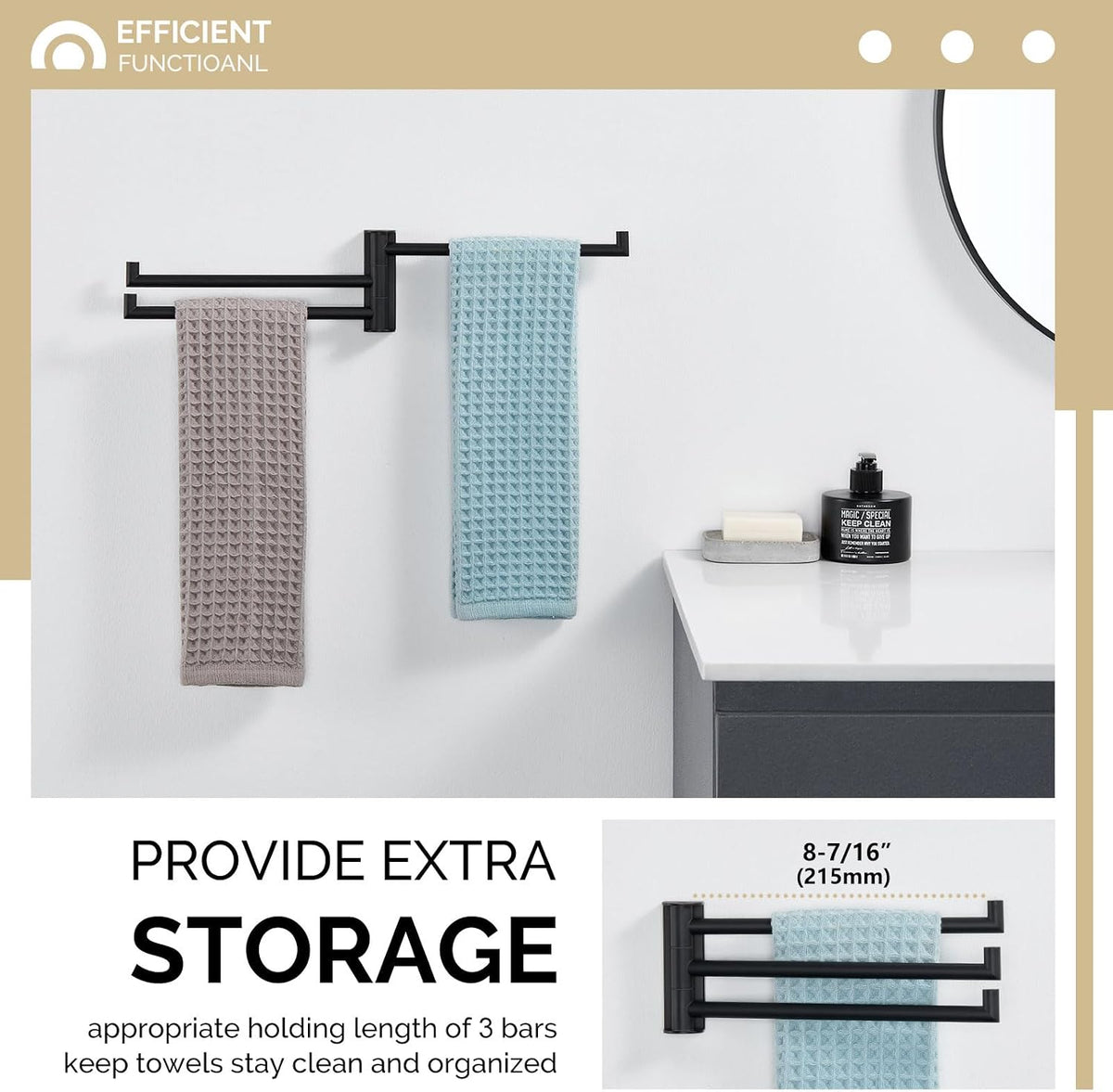 Angle Simple Kitchen Towel Rack, Swivel 3 Bars, Matte Black, 9.84"