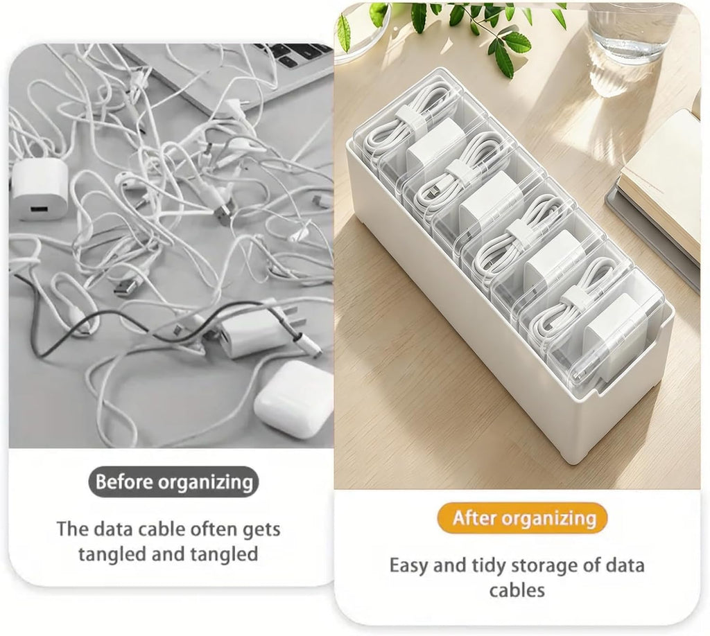 Cable Organizer Storage Box with 8 Wire Ties and Label Stickers,Desktop Charger Cable Management Box with Switch, Cord Organizer for Office,Home,Desk Accessories Storage Stationery Supplies（Clear）