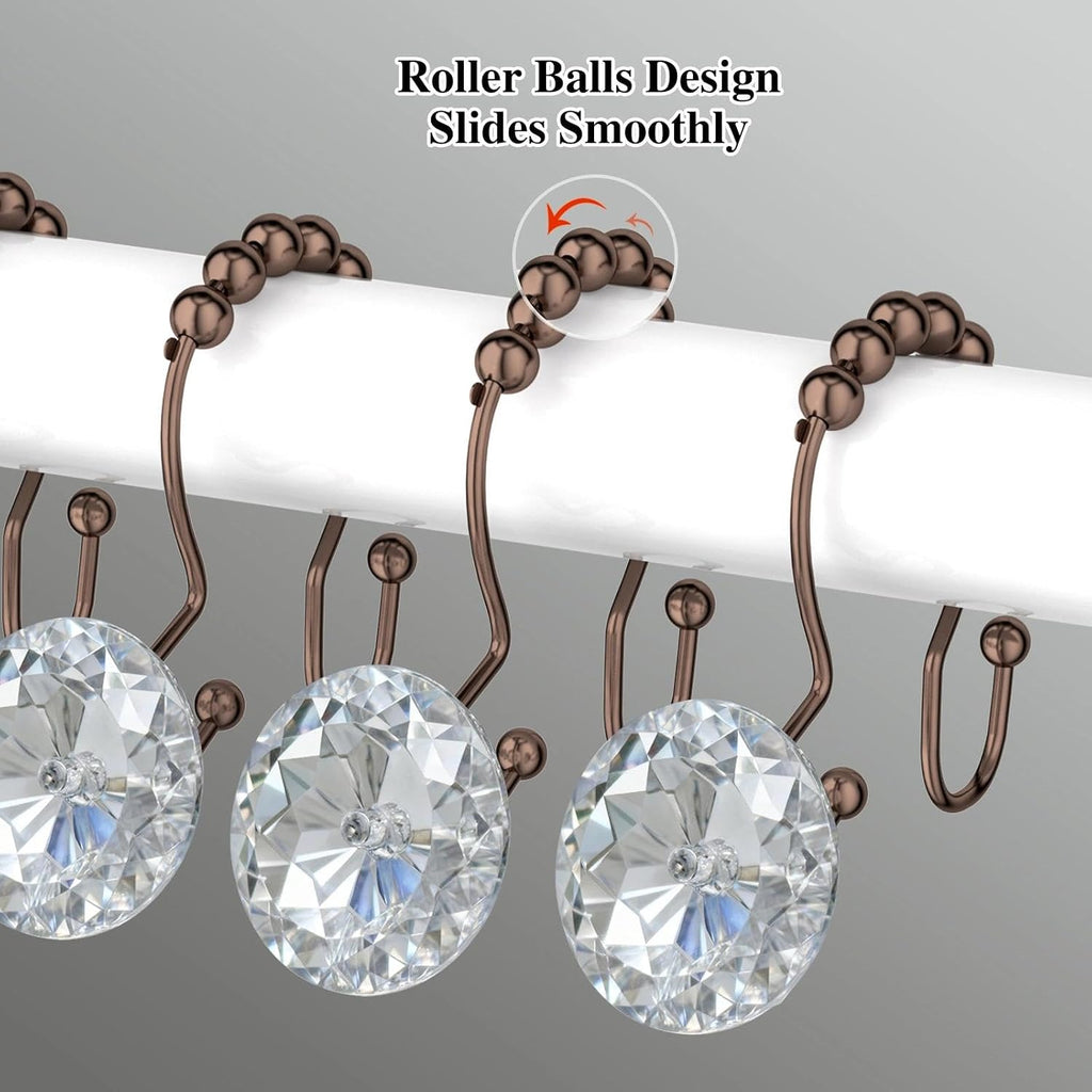 Goowin Shower Curtain Hooks, Crystal Shower Curtain Rings, Stainless Steel Shower Curtain Hangers, Metal Shower Rings for Curtain, Decorative Double Shower Hooks for Shower Curtain & Liner, Bronze