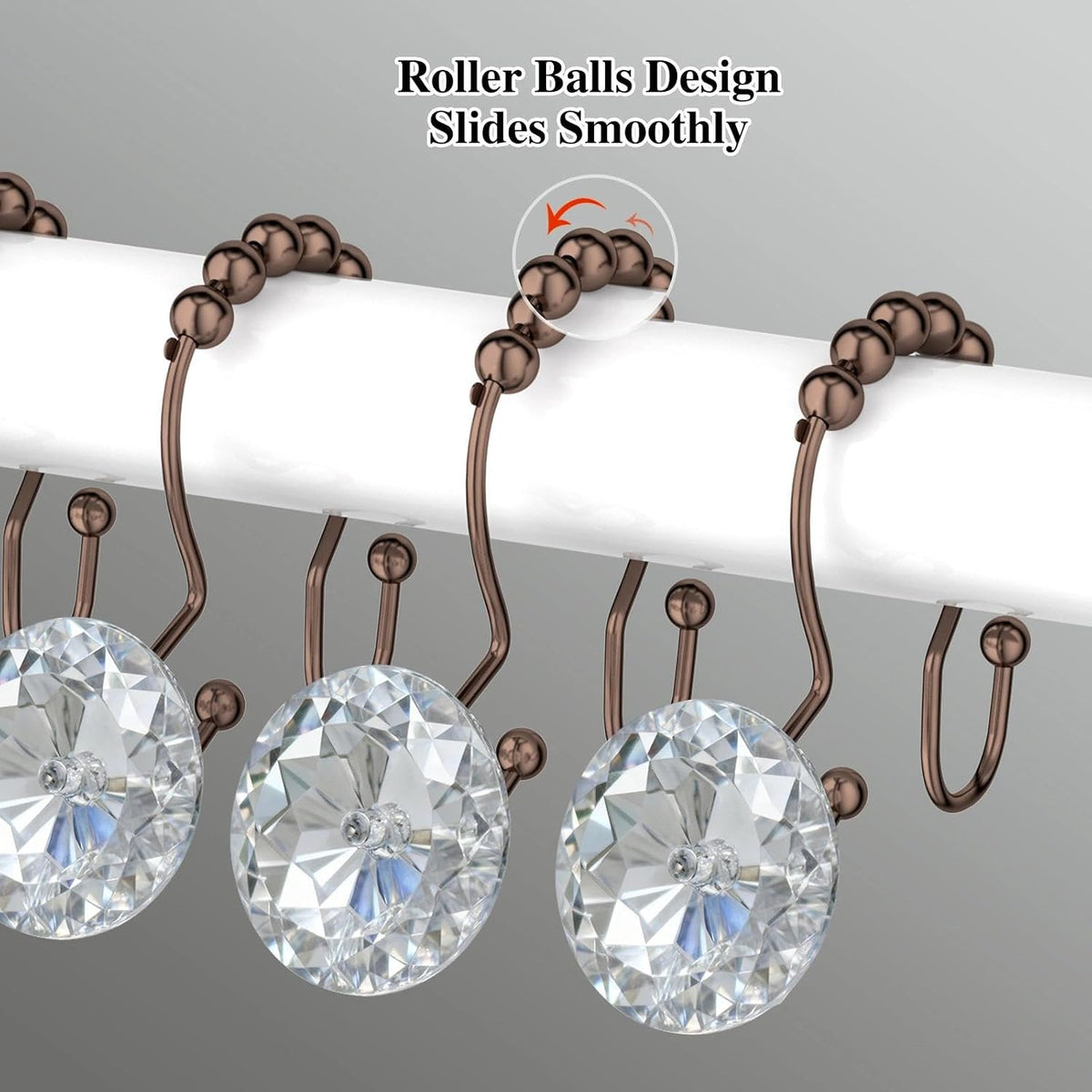 Goowin Shower Curtain Hooks, Crystal Shower Curtain Rings, Stainless Steel Shower Curtain Hangers, Metal Shower Rings for Curtain, Decorative Double Shower Hooks for Shower Curtain & Liner, Bronze