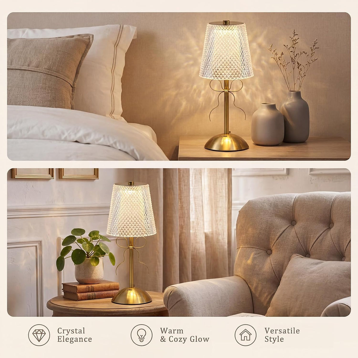 Liliful 2 Pcs Cordless Table Lamp LED Touch, Gold, Crystal Cut Style Bow