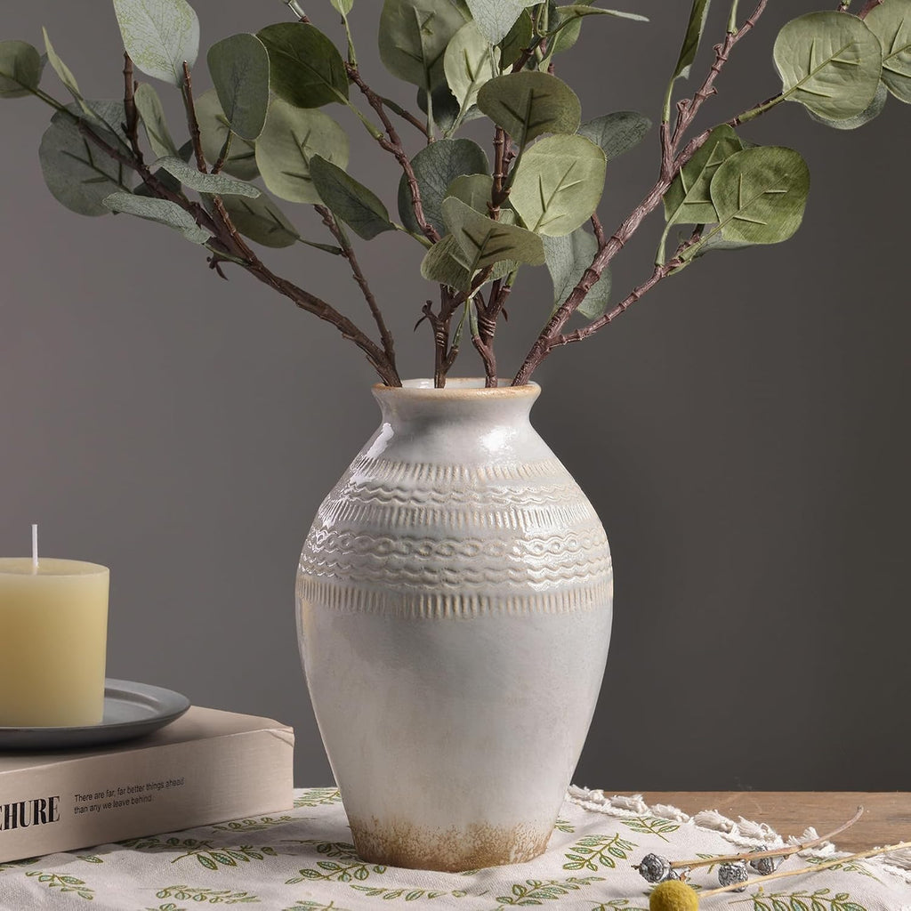 9.3 Inch Ceramic Rustic Flower Vase, White Distressed Farmhouse Vases