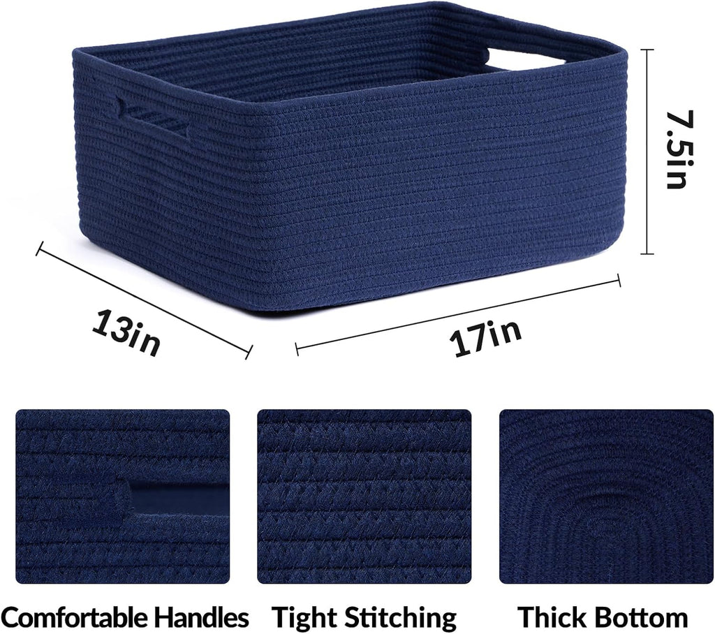 MiniArk Large Storage Baskets for Shelves, 17 x 13 x 7.5” Closet Organizers Bins for Clothes Blanket Towels, Baby Nursery, Toy Baskets Box, Woven Rope Baskets, 2 Packs Navy Blue
