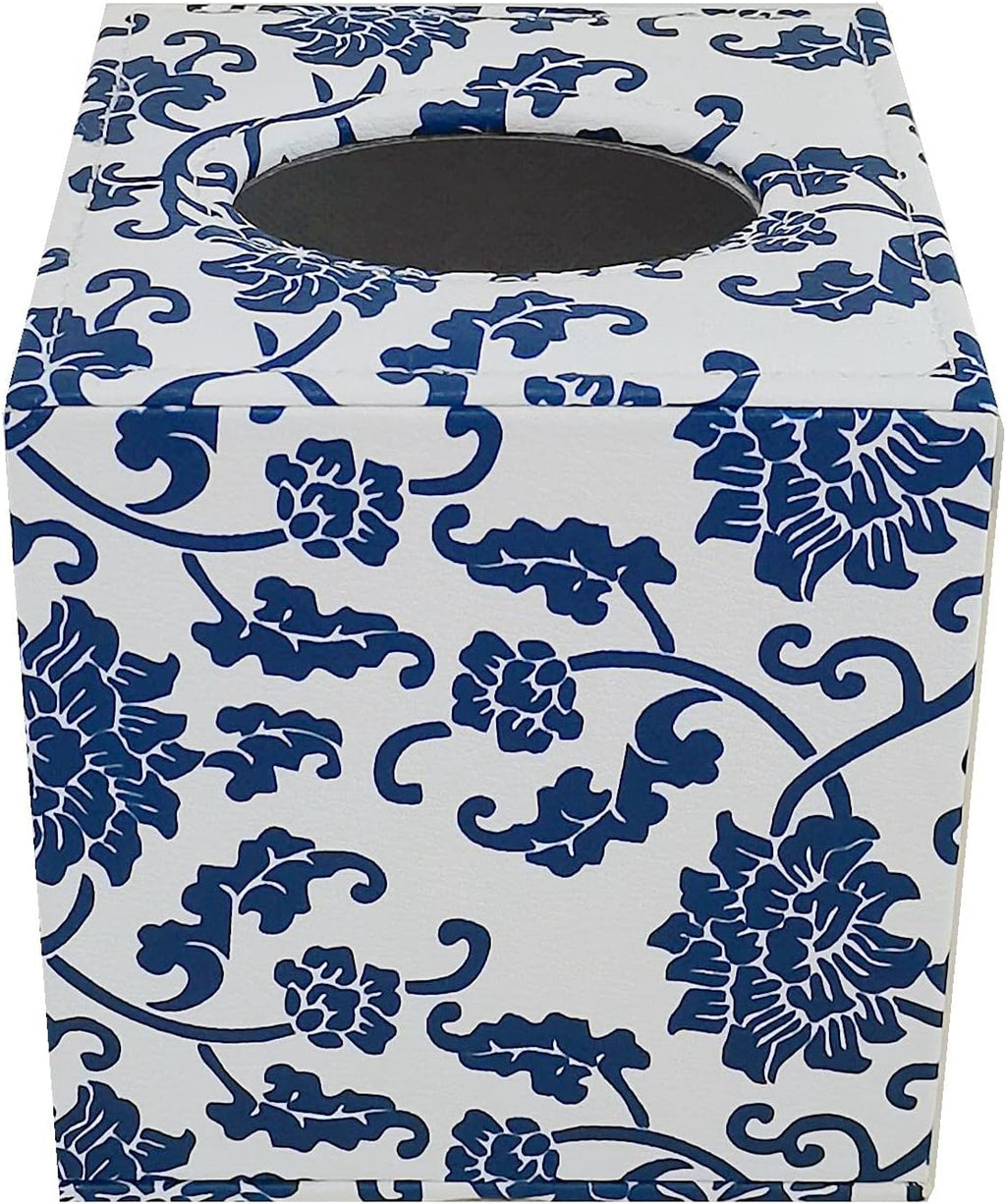 S Forever Home Decor Flower Pattern Faux Leather Tissue Box Cover (Square,Blue and White Porcelain)