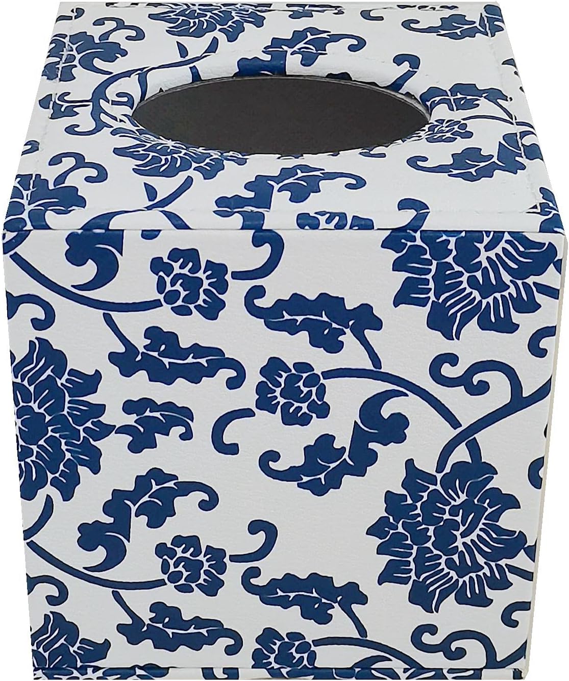 S Forever Home Decor Flower Pattern Faux Leather Tissue Box Cover (Square,Blue and White Porcelain)