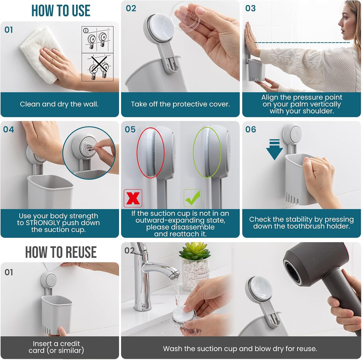 TAILI Suction Cup Toothbrush Holders for Bathroom Wall 2Pack, Gray