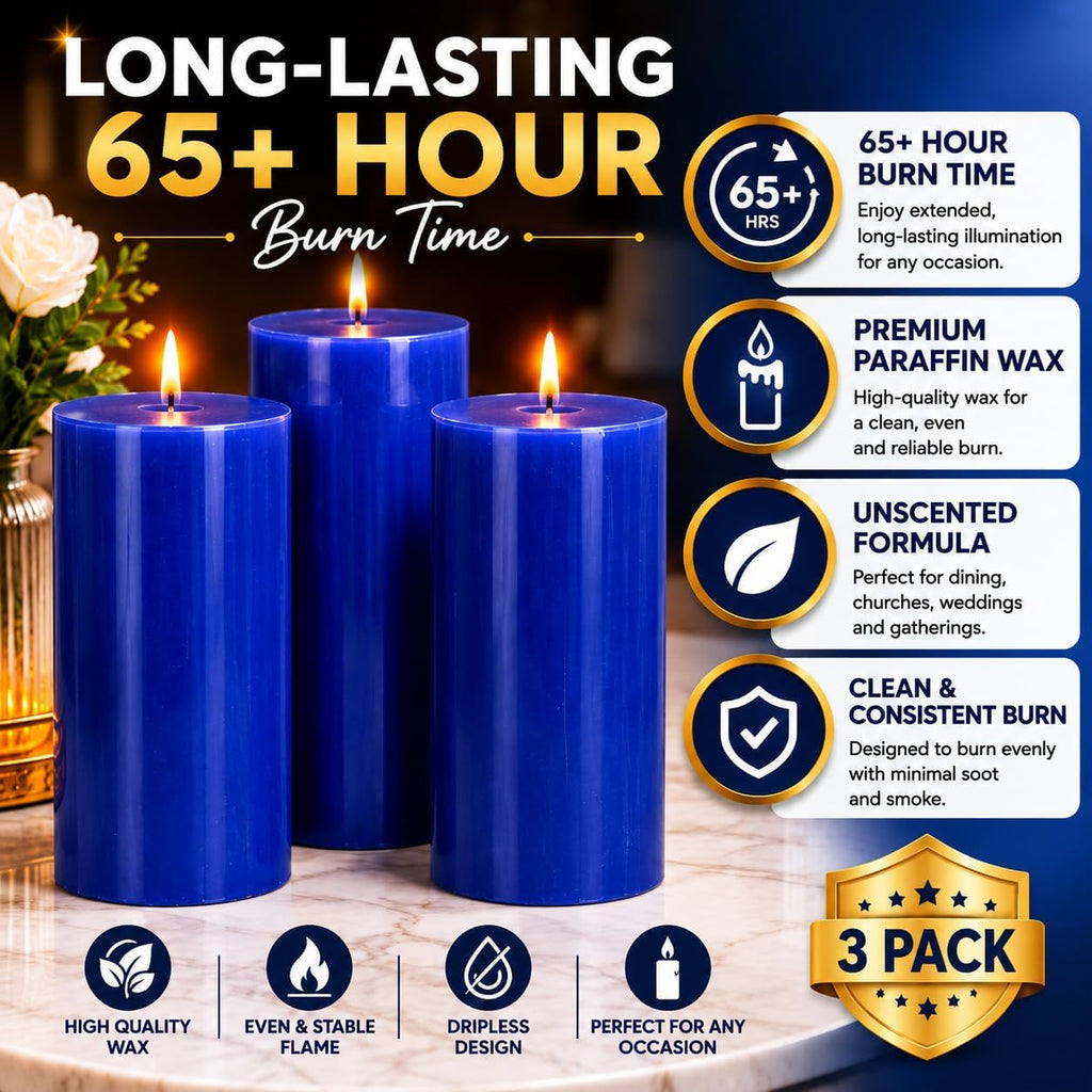 Dinil Blue Pillar Candles 3x6 Inch, Set of 3 Unscented Dripless Smokeless Candles, 65+ Hour Burn Time for Wedding Centerpiece, Dinner Table & Home Decor