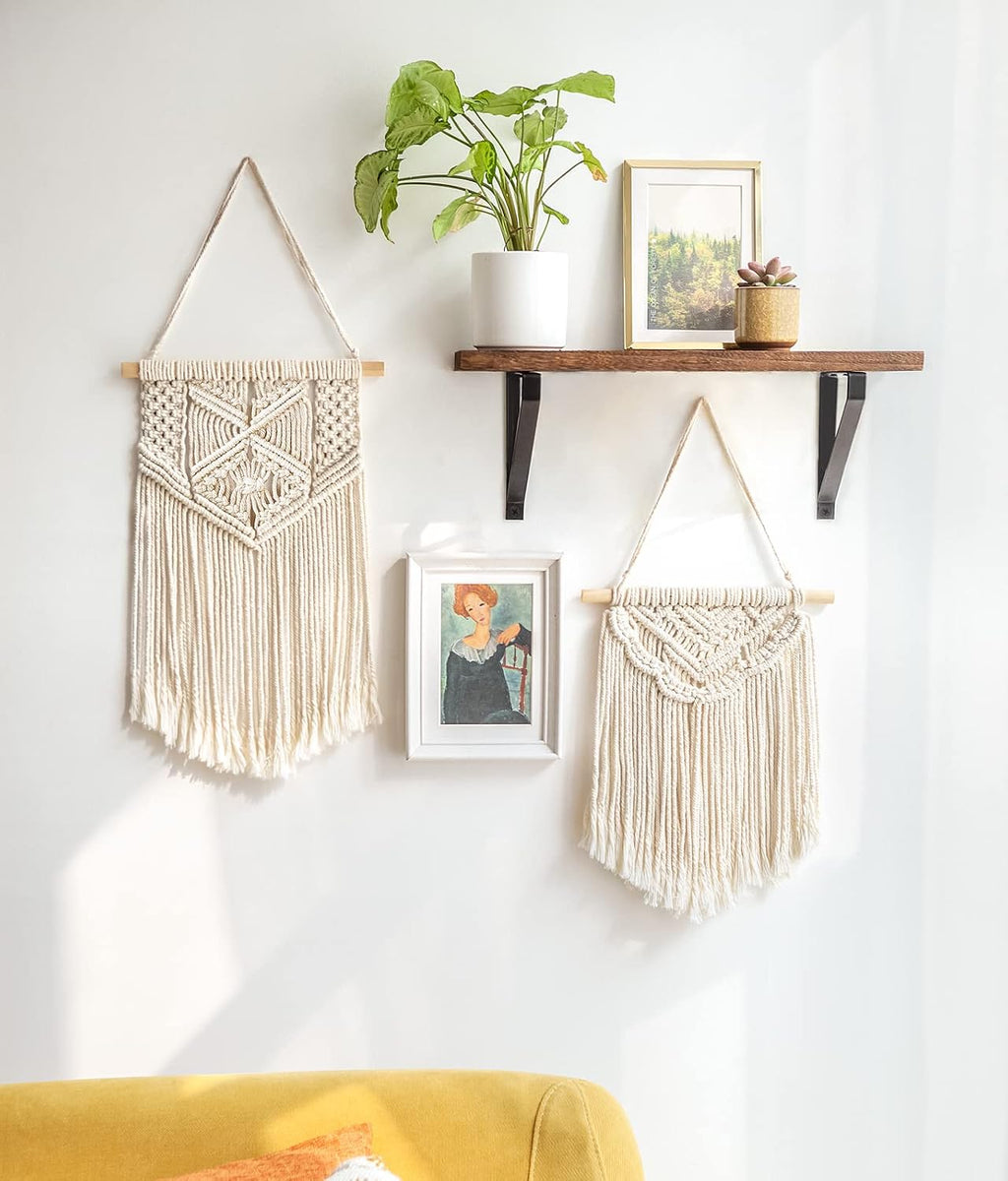 Mkono Sofa Armrest Organizer and Macrame Wall Hanging Boho Decor for Bathroom Bedroom Dresser Living Room Office, Ivory, Set of 3