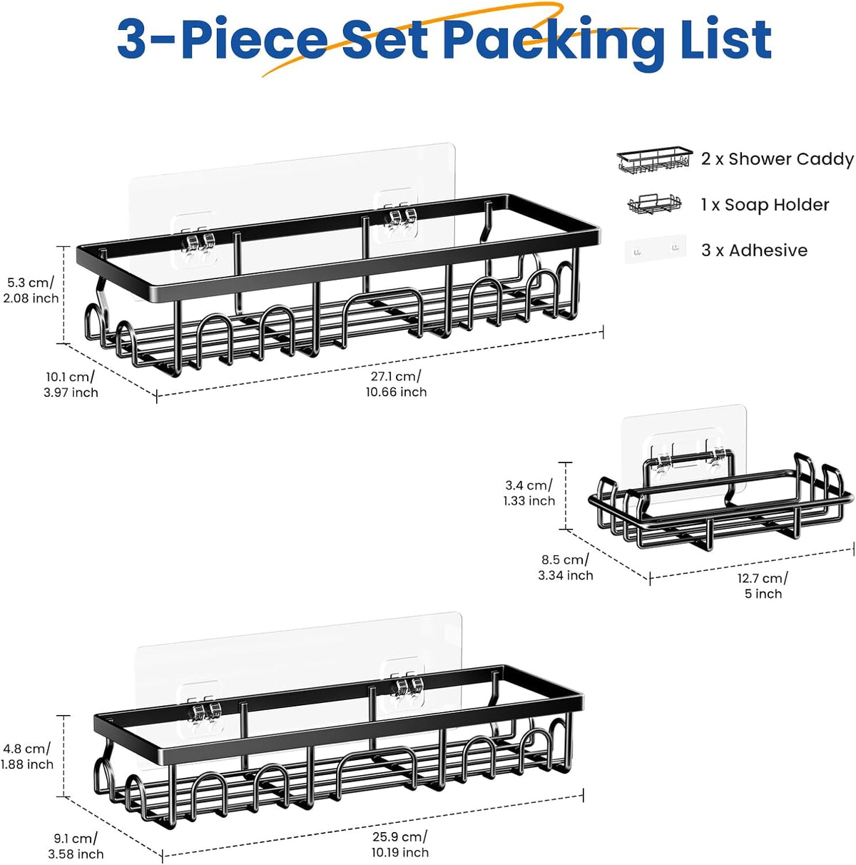 PKBD Shower Caddy, 3 Pack Shower Shelves with Large Capacity, Matte black