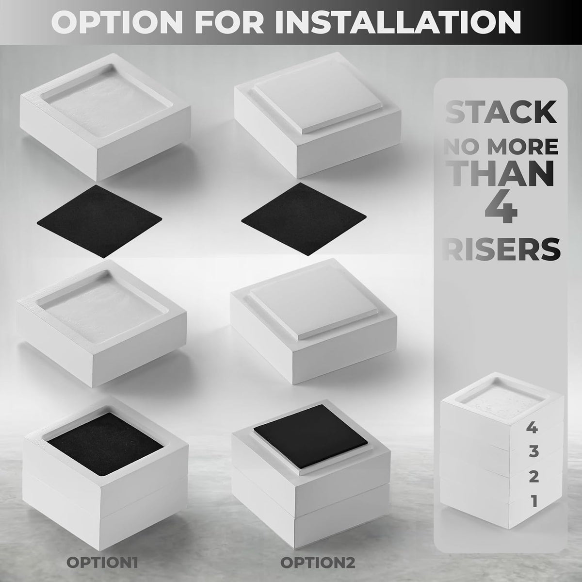 FASONLA Bed Risers (Set of 8) Furniture Risers Lifts Height 1", 2", 3" or 4", Solid Natural Wood Risers, Non-Slip Recessed Hole to Heavy Bed/Furniture (White Color)