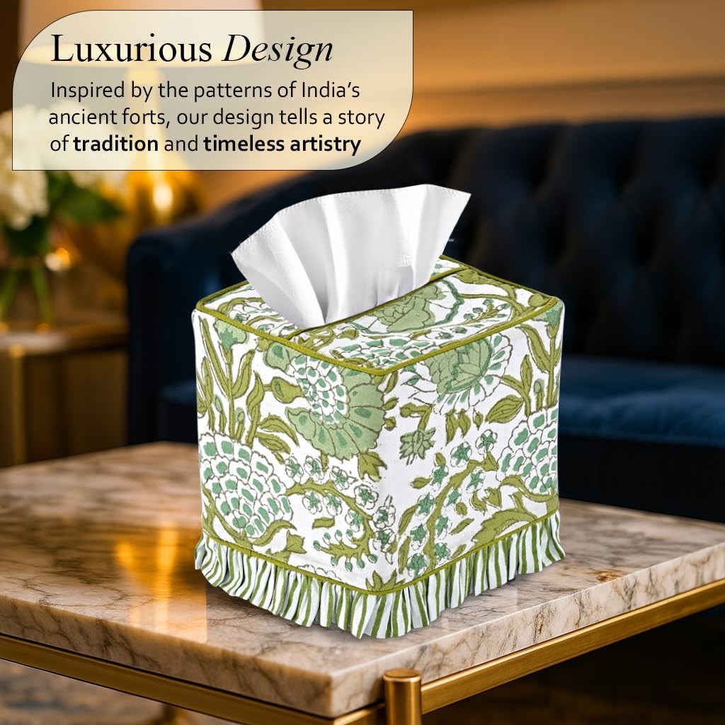CPC 100% Cotton Ruffle Block Print Tissue Box Cover, Agate Green