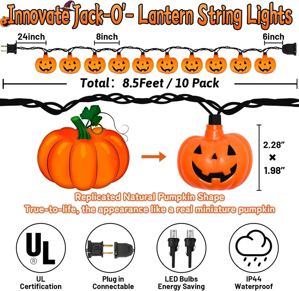 Halloween String Lights - LED Jack O Lantern Lights with Cute Spooky Smiling, 8.5Ft LED Pumpkin Lights Outdoor Plug in for Fall Halloween Decorations Indoor Outdoor Home Mantel Party Decor, 0.07W