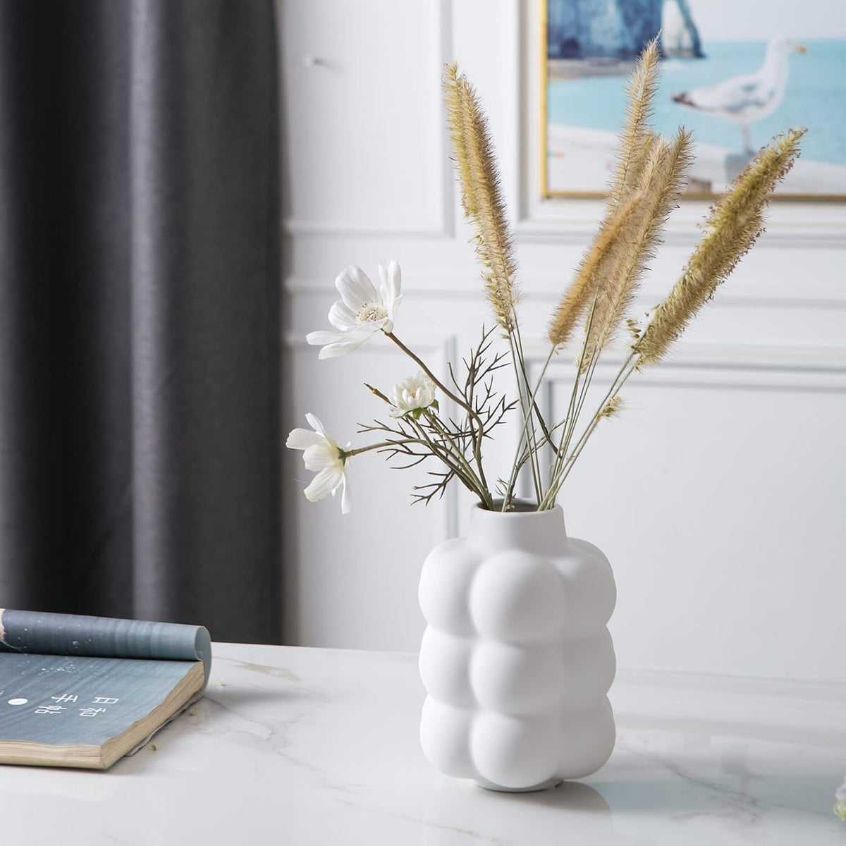 Mowtanco White Ceramic Vase, Modern Small Vase for Centerpiece 6.7" Tall