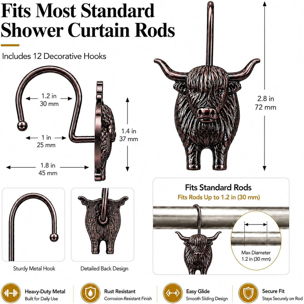 Highland Cow Shower Curtain Hooks, Rust-Resistant Zinc Alloy Metal Hooks, Farmhouse Bathroom Decor, 12 Pack (Antique Copper)