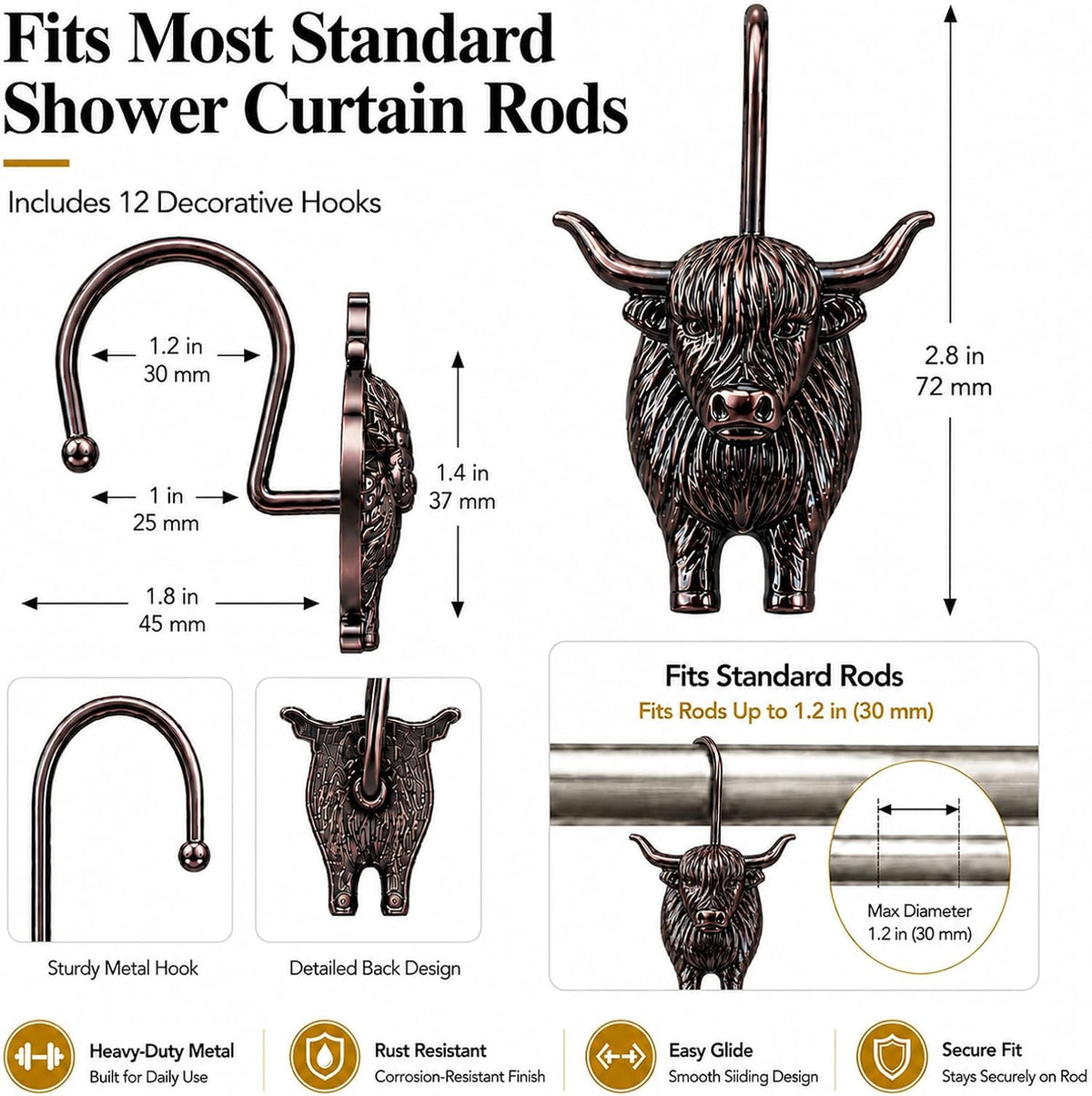 Highland Cow Shower Curtain Hooks, Rust-Resistant Zinc Alloy Metal Hooks, Farmhouse Bathroom Decor, 12 Pack (Antique Copper)