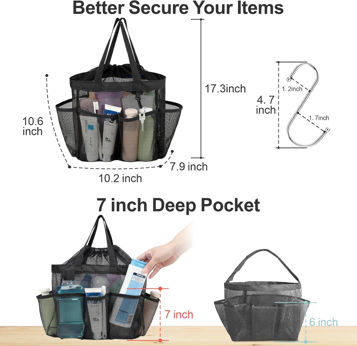 Mesh Shower Caddy Portable with Drawstring - 2-Handle Shower Bag for Dorm