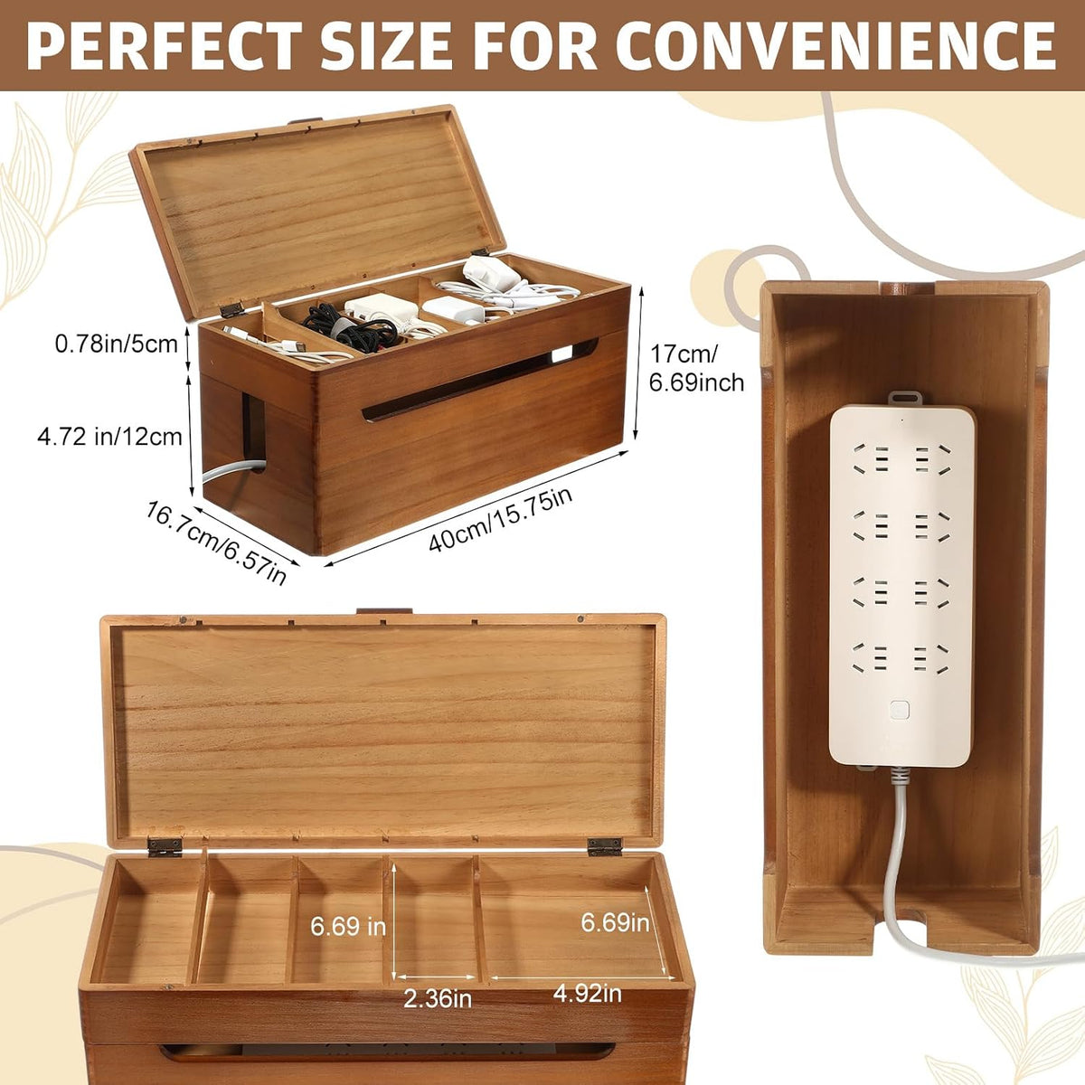 Novabright Wood Double Layer Cable Management Box 15.75 x 6.57 x 6.7 Inches
