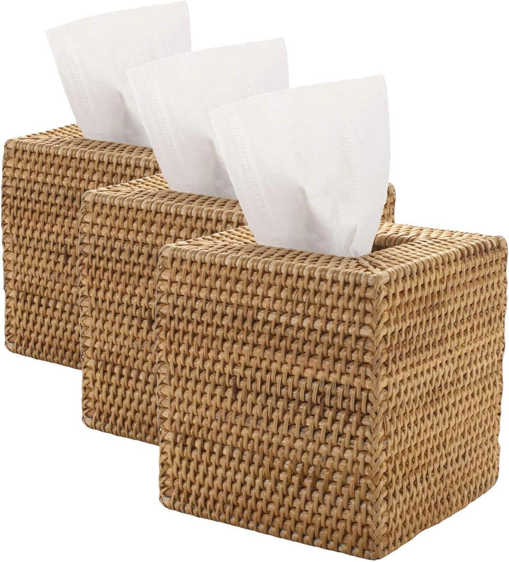 Rattan Tissue Box Cover Square, Hand Woven Wicker Tissue Holder, 5.5 x 5.5 X 5.7 inch, Natural (Pack of 3)