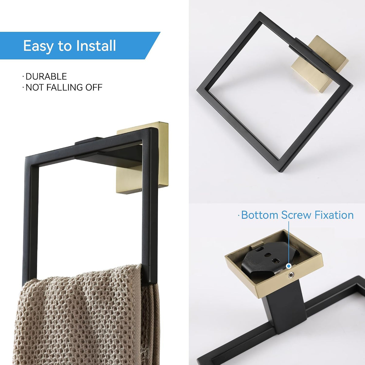 LANC Hand Towel Holder for Bathroom Wall Mount Matte Black and Brushed Gold Square Hand Towel Holder for Bath Lavatory SUS304 Stainless Steel Modern Style Shower Towel Towel Racks Hanger, A8896GK