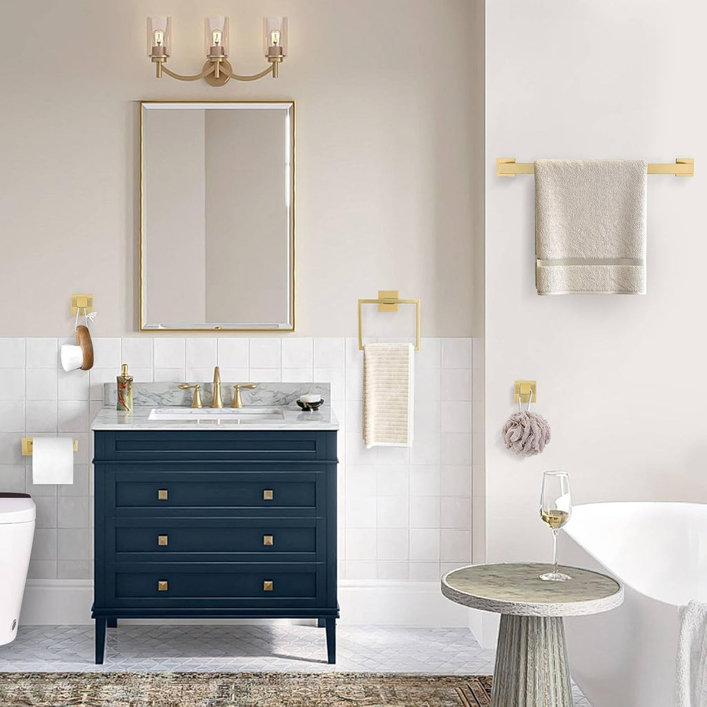 Brushed Gold 5 Pieces Bathroom Hardware Accessories Set Towel Bar Set Towel Holder Racks Set for Bathroom,SUS304 Stainless Steel,Wall Mounted 23.6-Inch