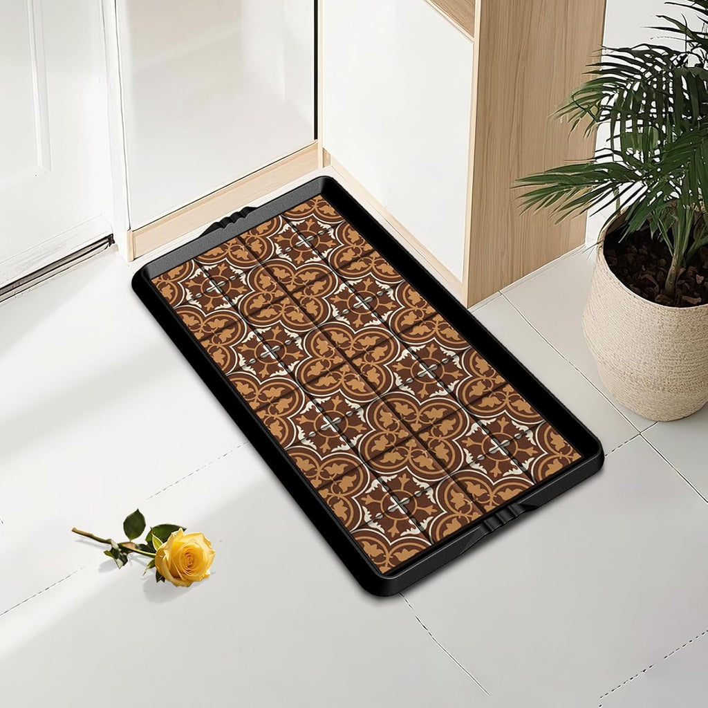 BEHERO Boot Tray Shoe Mat Decorative Patterned, Rubber Boot Matt Tray Indoor and Outdoor Use, 16" x27.5" Shoe Cleaning Mat Non-Slip, Shoe Storage Waterproof with Artistic Prints for Entryway(Brown)