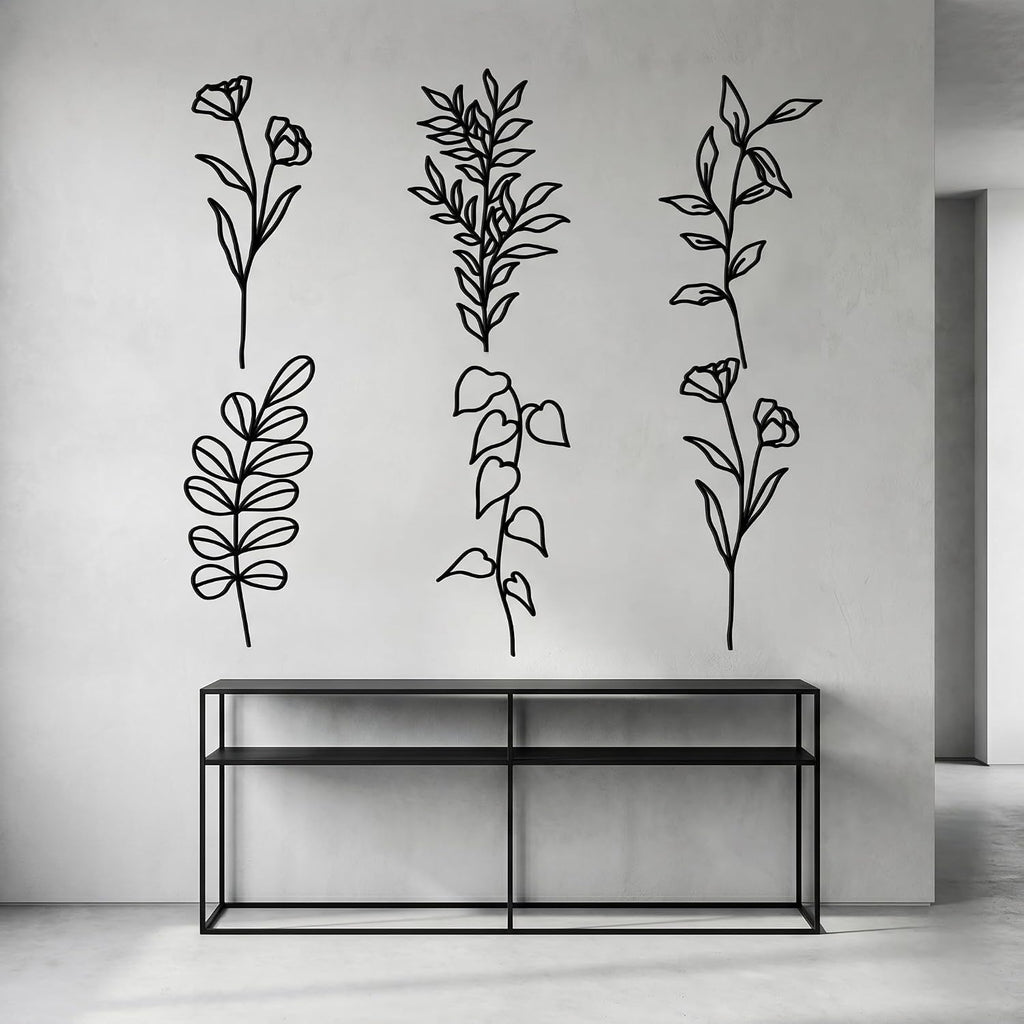 Moxweyeni 6 Pieces Metal Wall Art Minimalist Line Decor Flower Black
