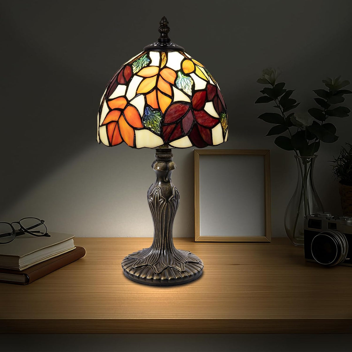 Small Tiffany Table Lamp 8 inch Red Leaves Stained Glass