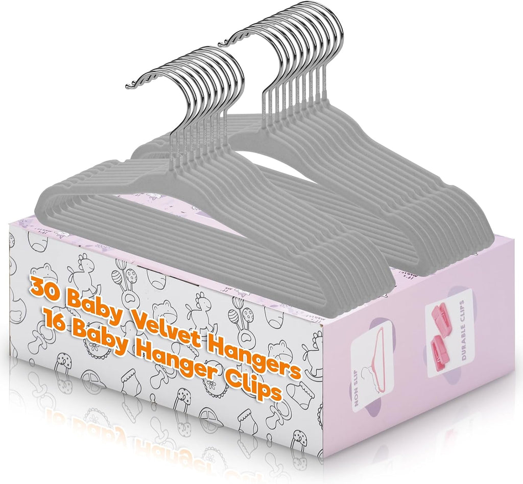 Babyrish Velvet Baby Hangers with Clips (30 Pack) | 11” Ultra-Slim Baby Clothes Hangers | Non-Slip Felt | Space-Saving Nursery & Infant Closet Organizer | Gray