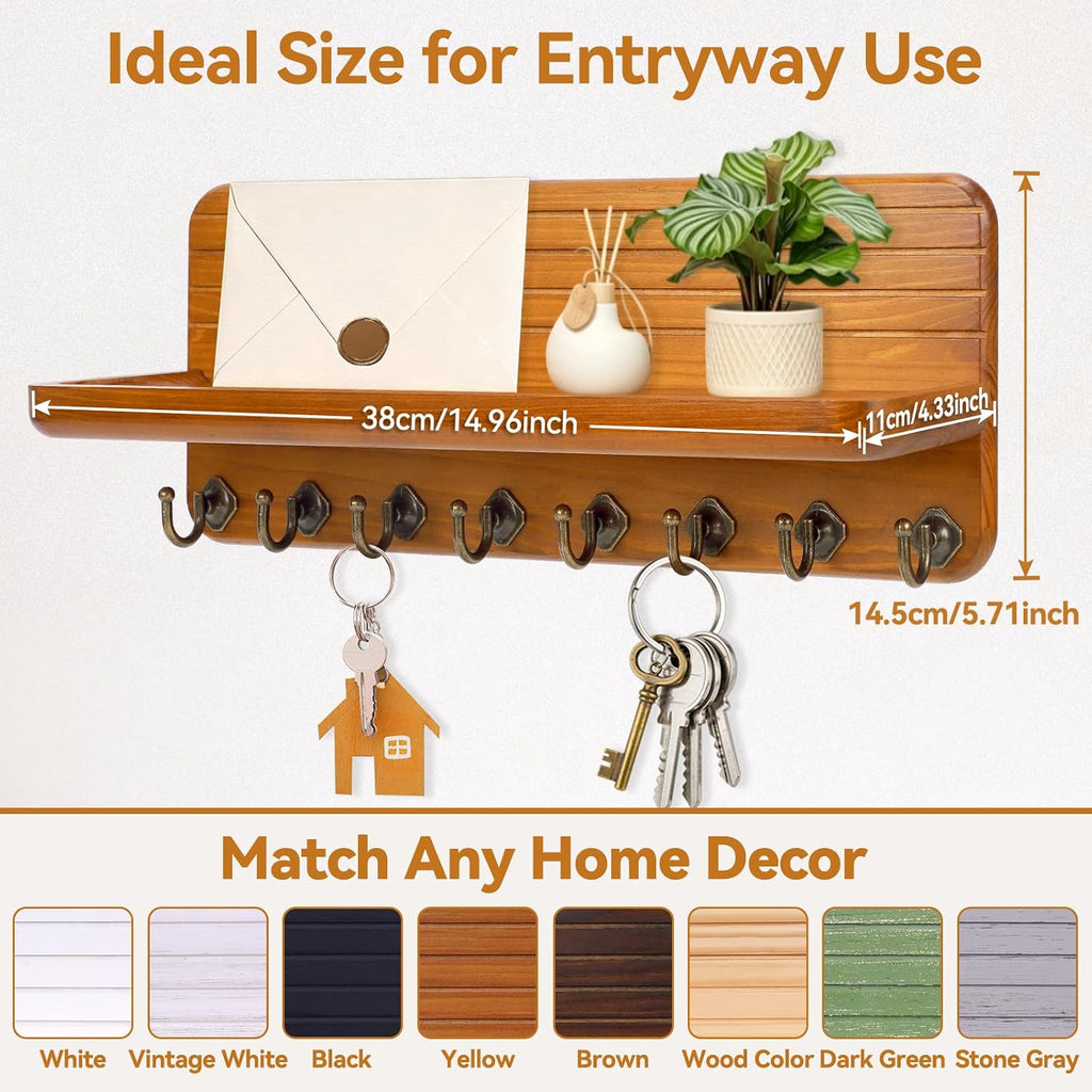 Key Holder for Wall, Mail Organizer Wall Mount with 8 Hooks Wooden Hanging Key Rack for Home Decor, Hallway, Entryway (Yellow)