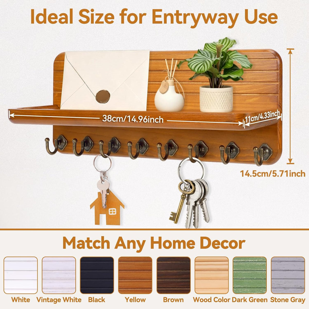 Key Holder for Wall, Mail Organizer Wall Mount with 8 Hooks Wooden Hanging Key Rack for Home Decor, Hallway, Entryway (Yellow)
