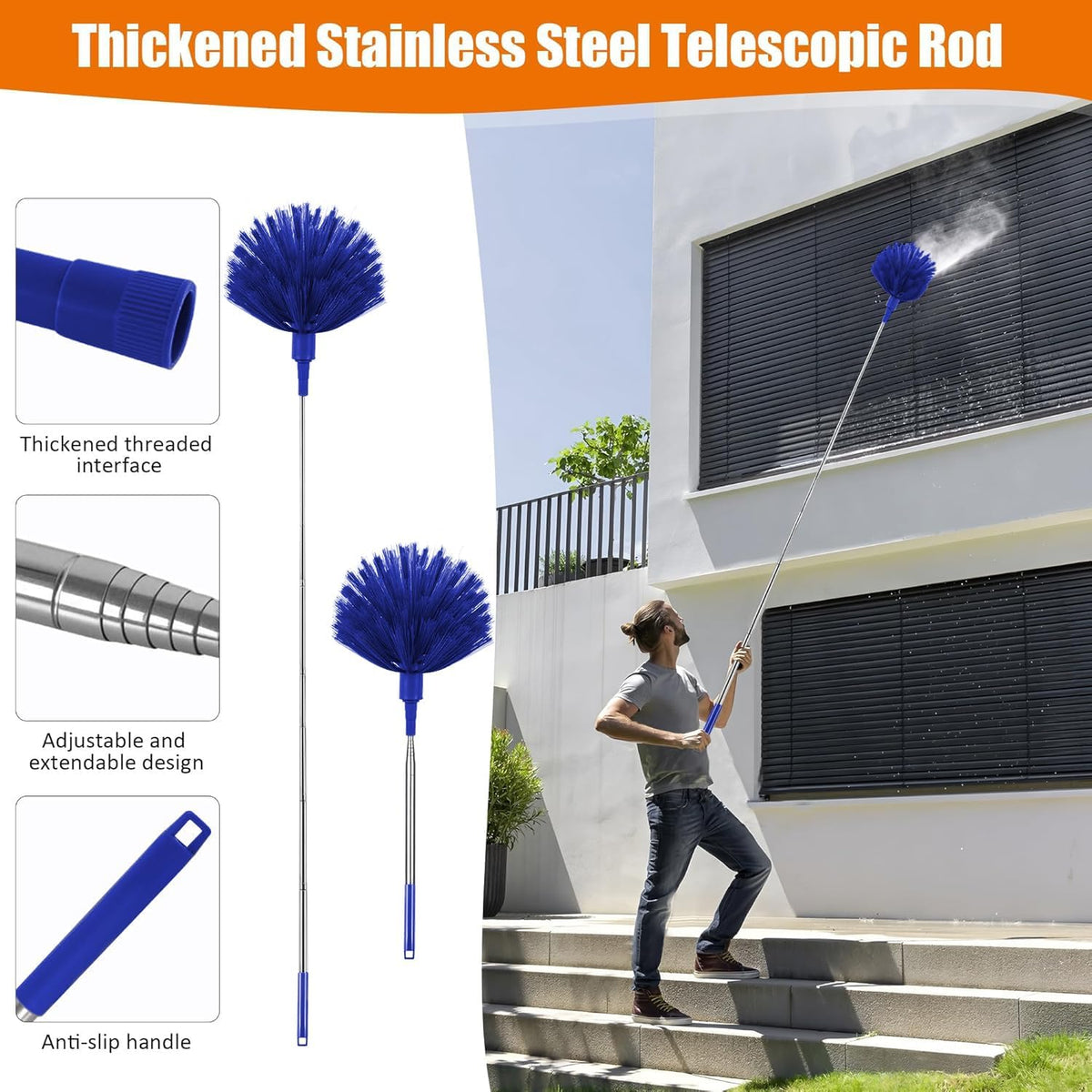 4 Pcs Microfiber Cobweb Duster with 100-inch Extendable Pole, Washable and Reusable Feather Cleaning Duster Kit with 3 Duster Heads,Dusters for Cleaning with Telescopic Pole for High Ceiling Fan,Blue