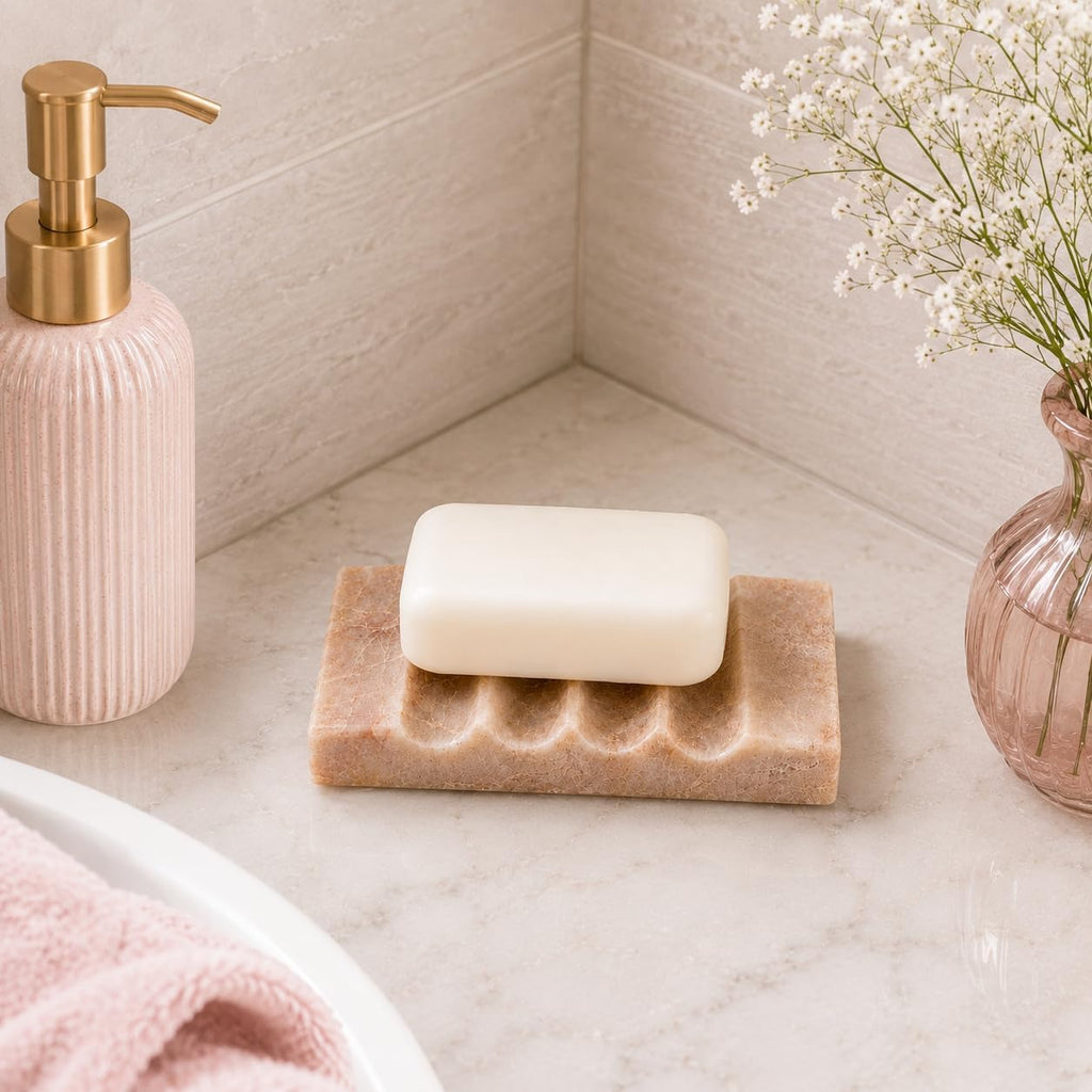 Pink Marble Soap Dish for Bathroom, Real Natural Marble Soap Holder with Drainage Groove, Luxury Decorative Small Soap Tray for Bathtub, Kitchen Sink & Shower, Pink Bathroom Accessories