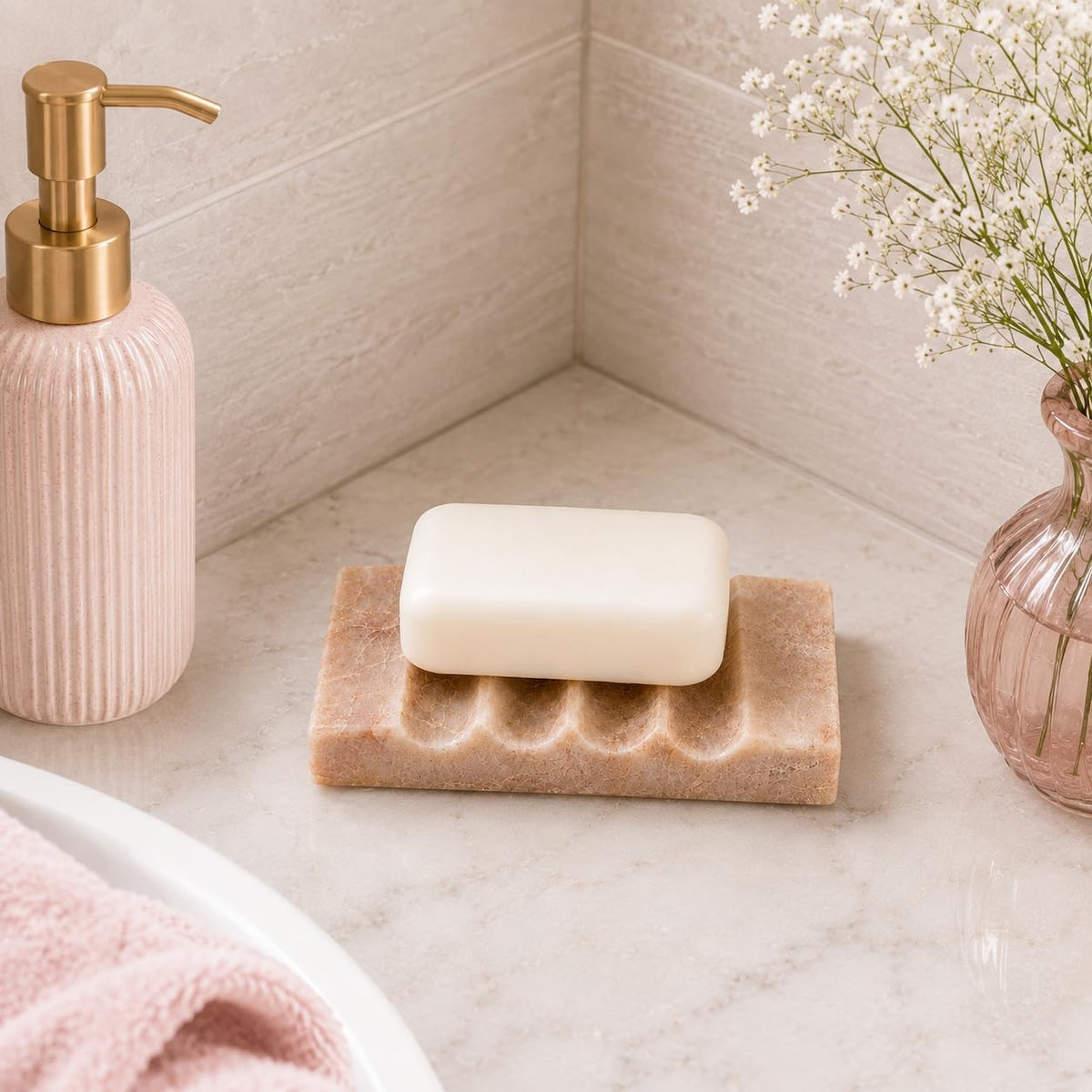 Pink Marble Soap Dish for Bathroom, Real Natural Marble Soap Holder with Drainage Groove, Luxury Decorative Small Soap Tray for Bathtub, Kitchen Sink & Shower, Pink Bathroom Accessories