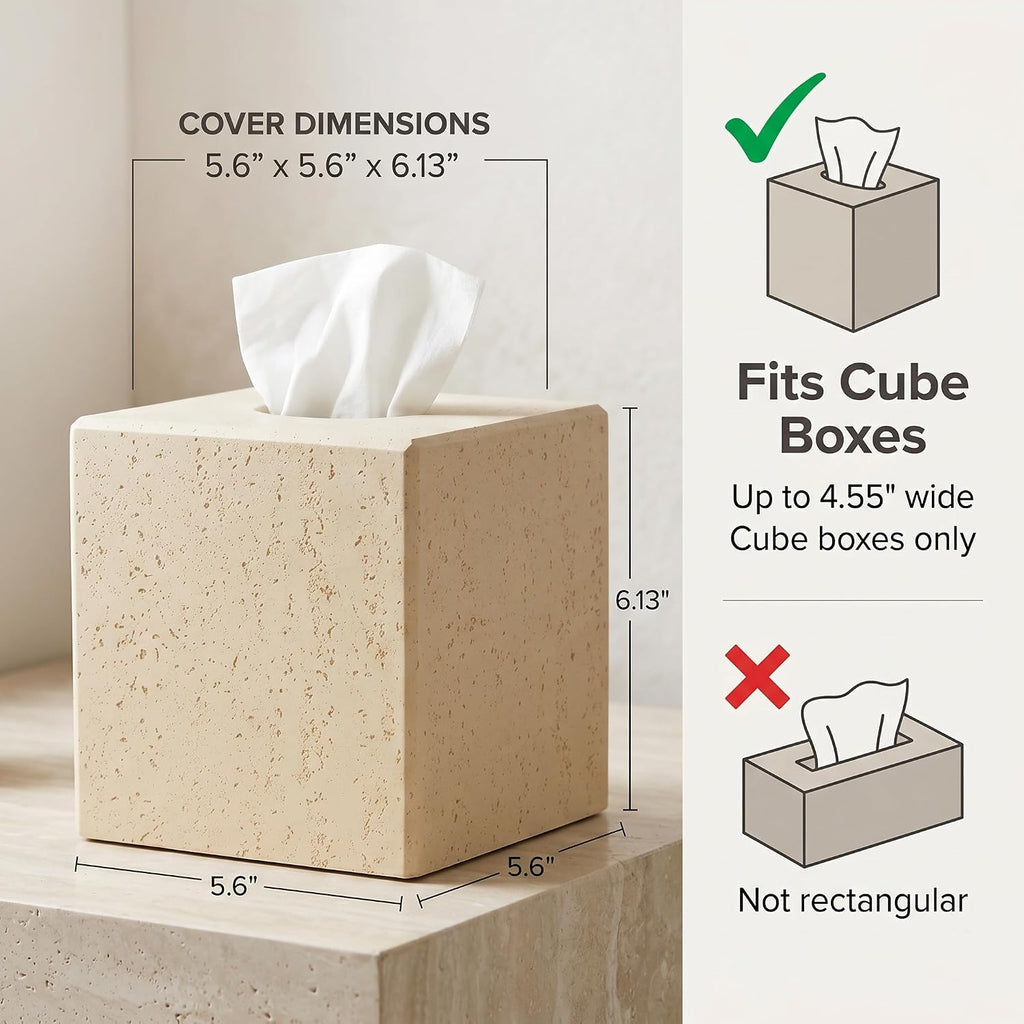 Beige Tissue Box Cover, Modern Square Decorative Tissue Box Holder with Travertine-Inspired Finish, Removable Magnetic Base Lid, Weighted Cover for Bathroom Countertop, Vanity, Office, Bedroom