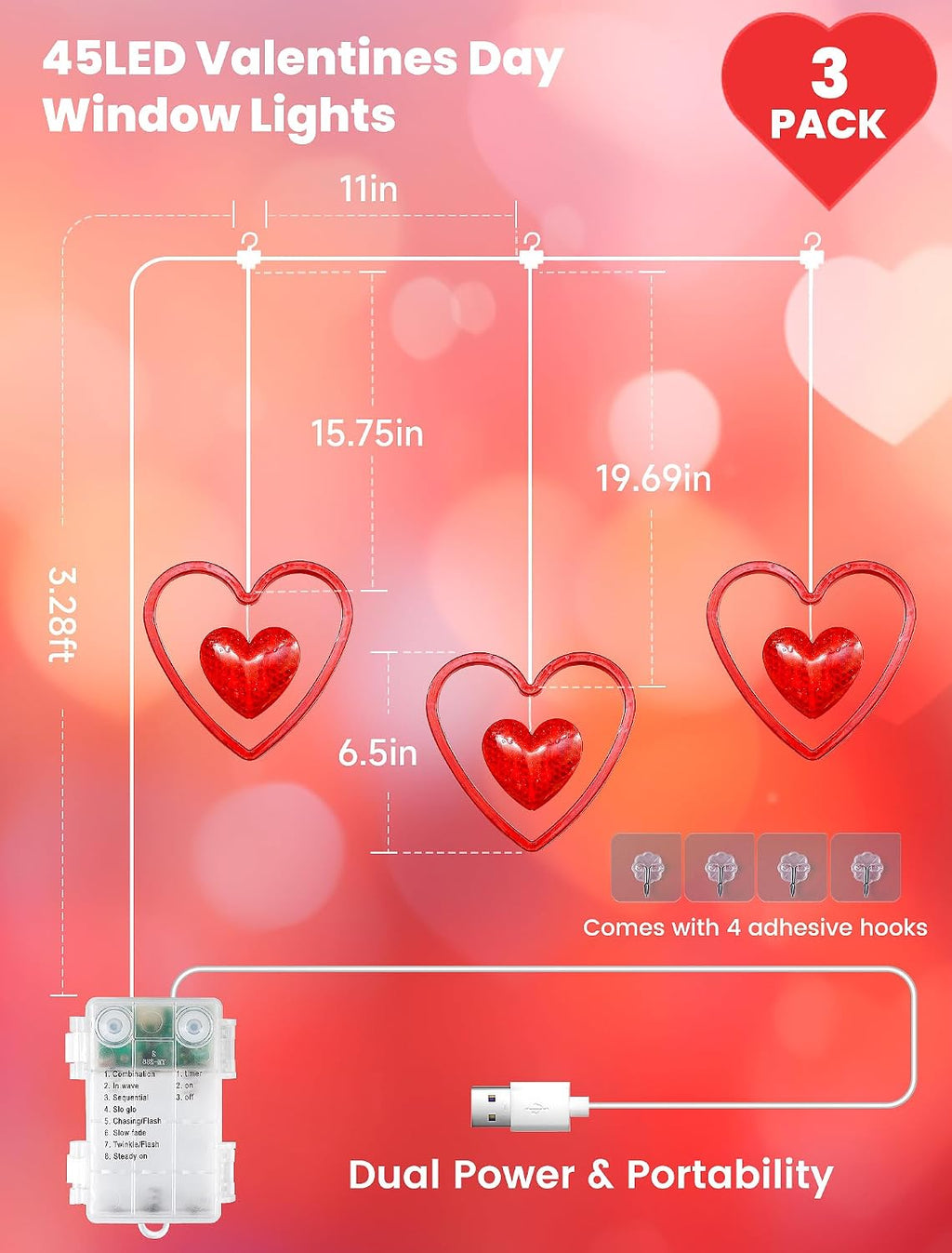 Valentines Day Window Lights,45LED Love Hearts String Lights