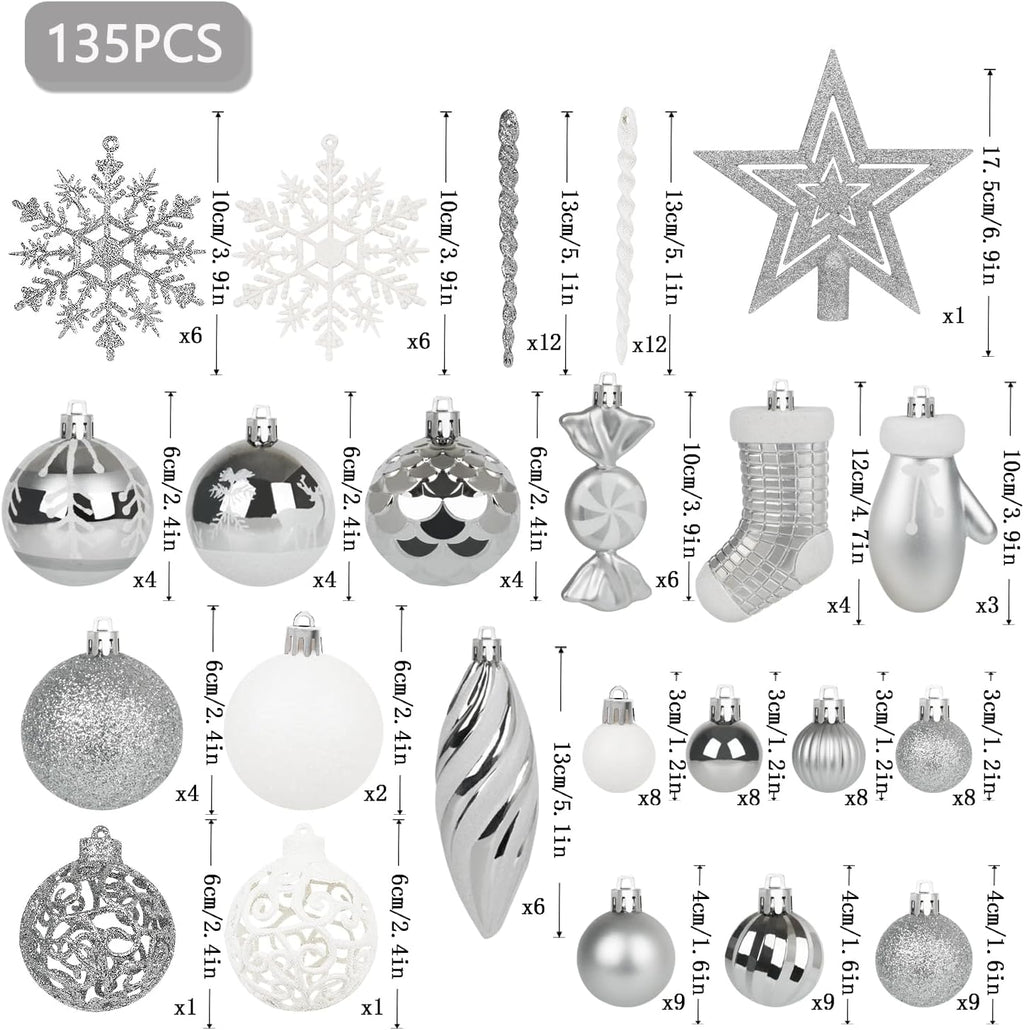 Artmag 135 Pcs Christmas Ball Ornaments Set, Pre-Tied Shatterproof Plastic Assorted Christmas Balls for Xmas Tree Hanging Decorations Festival Party Holiday Decor (Silver)