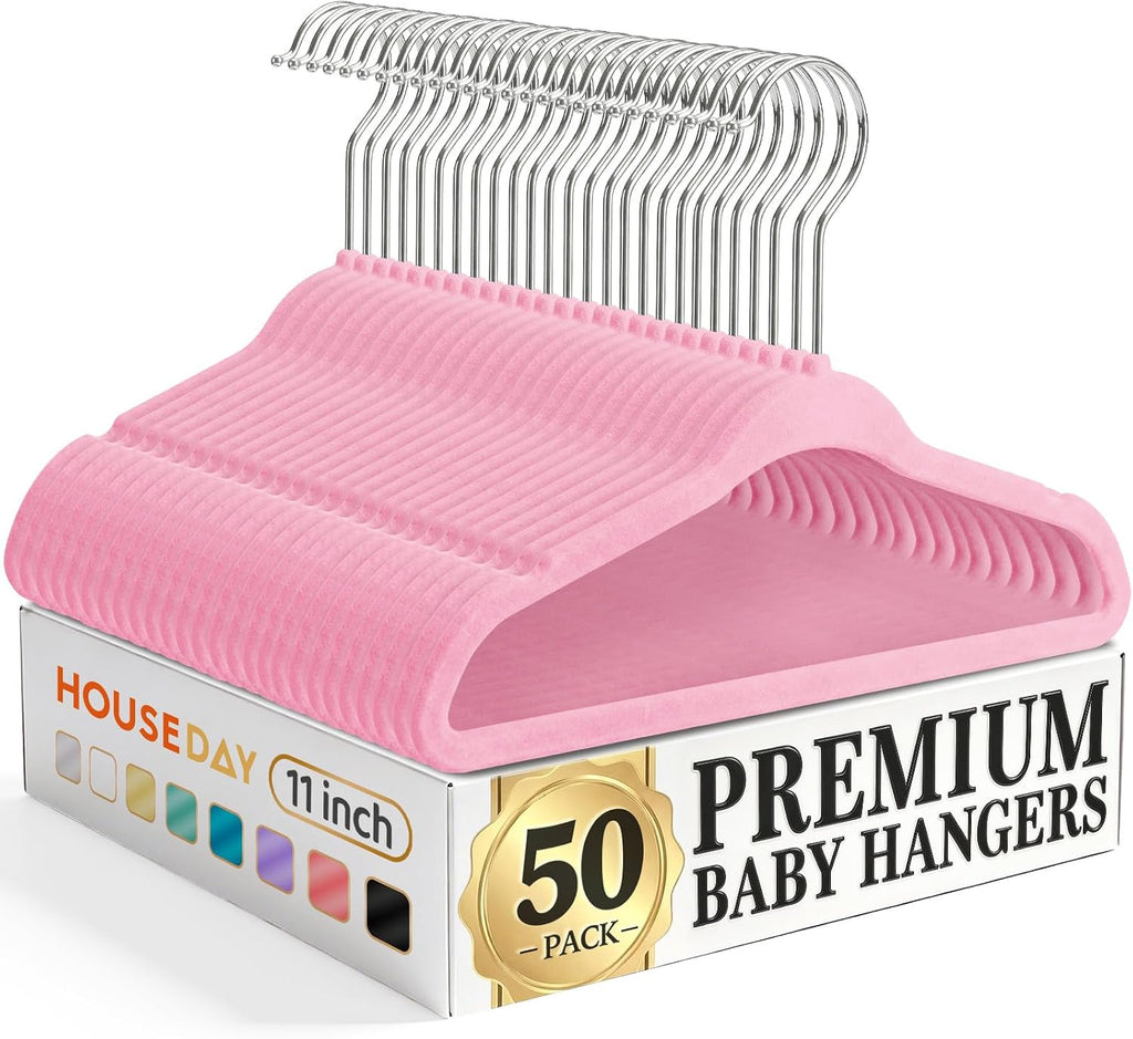 HOUSE DAY 11 Inch Velvet Baby Hangers 50 Pack Lt-Pink, Premium Kids Hangers for Children, Infant & Toddler Clothes, Durable Non Slip Small Baby Felt Hanger for Closet, Ideal for Everyday Use