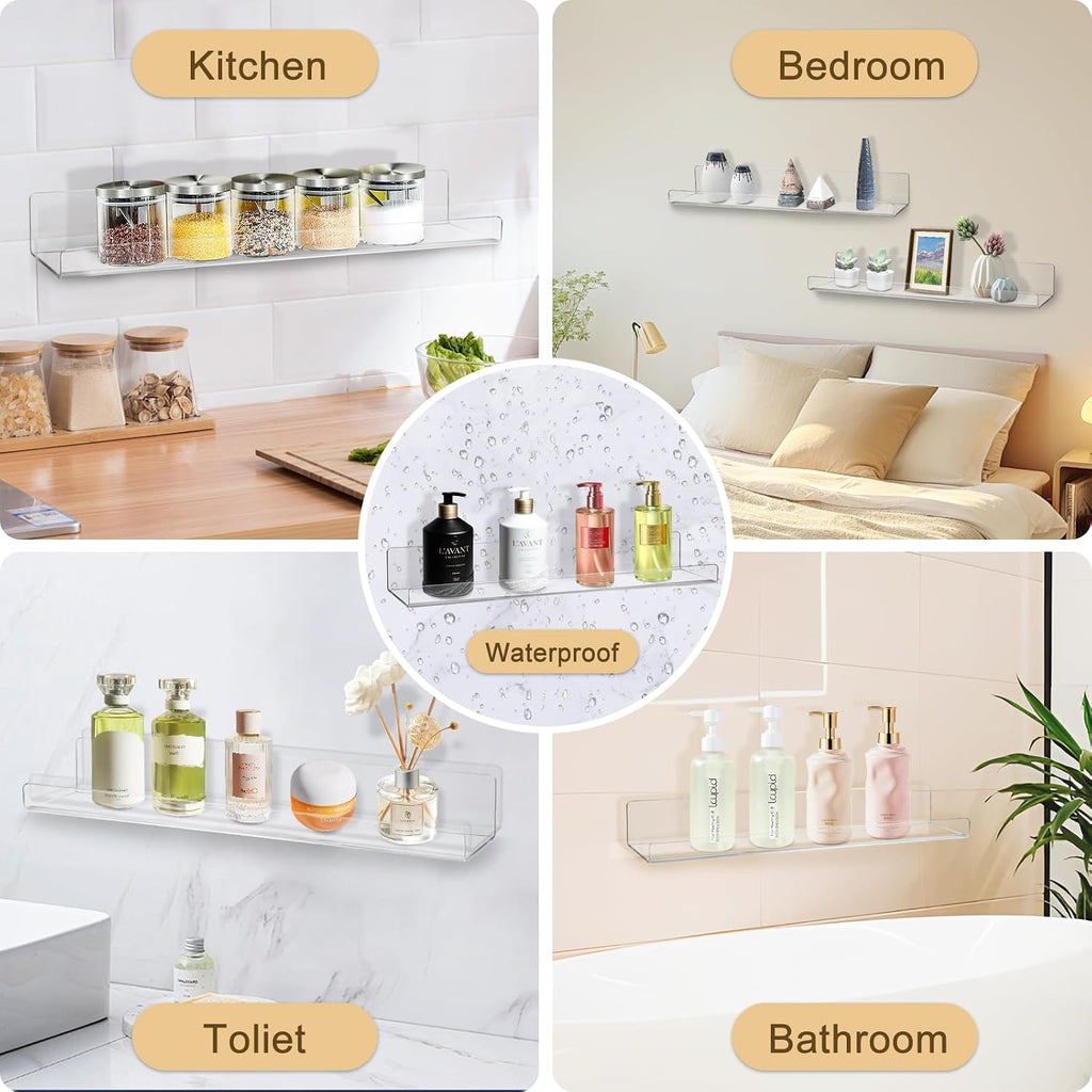 AMEITECH 4 Pack Floating Shelves for Wall, 15" Acrylic Shelves for Room Decor, Book Shelf for Kids, Clear Hanging Display Shelf Organizer for Kitchen, Bedroom, Bathroon Organizers and Storage