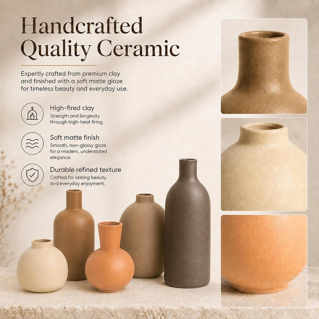 Small Neutral Ceramic Vase Set – Cute 5 Matte Earth-Tone Vases for Japandi, Scandinavian, or Minimalist Home Decor, Table, Entryway, Shelf & Mantel Styling