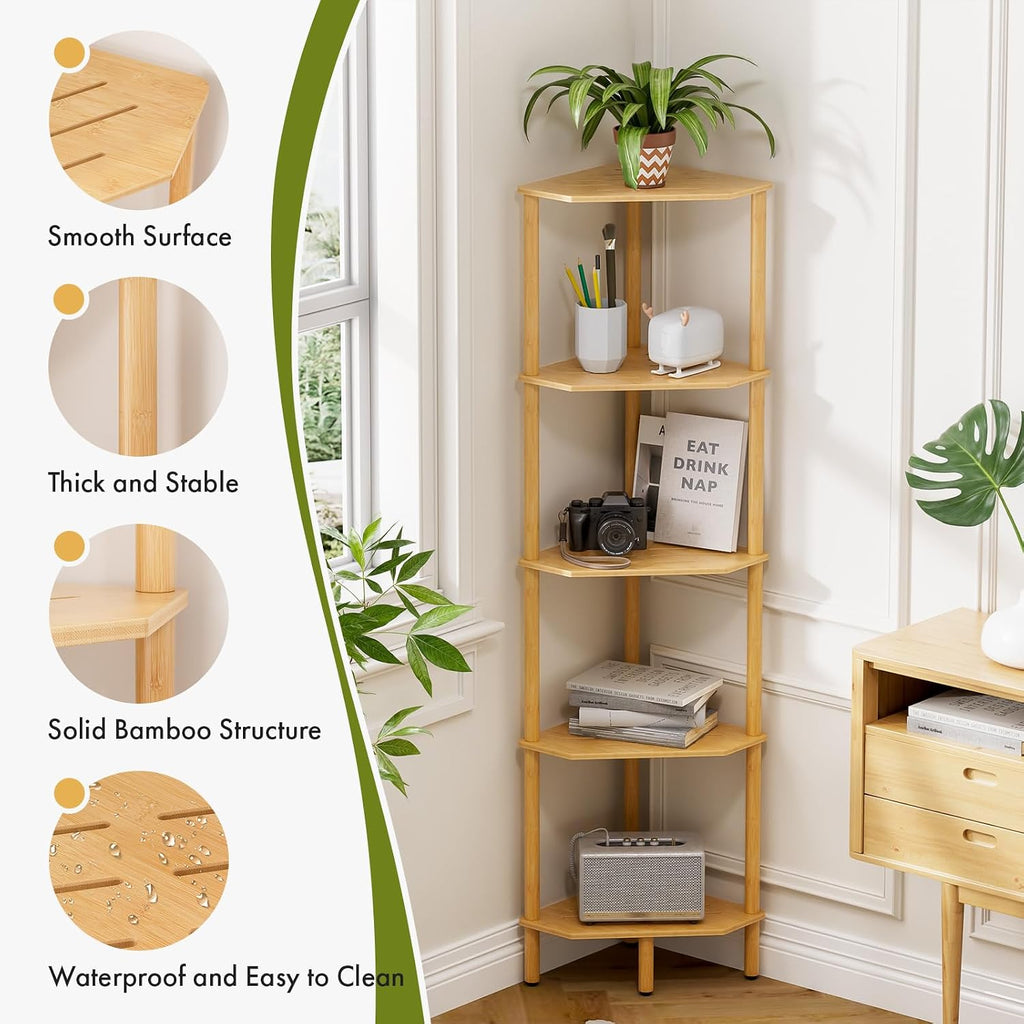 Corner Shelf, 5 Tier Bamboo Corner Bookshelf, 54" Tall Narrow Bookcase, Plant Stand, Corner Display Rack, Shower Caddy, Display Standing Shelf Organizer for Bedroom, Living Room, Kitchen, Apartment