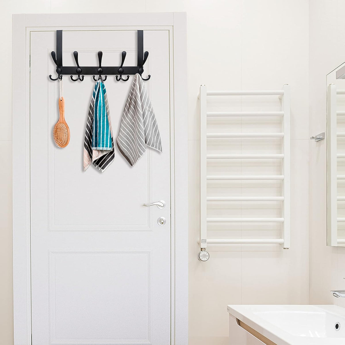 WEBI Over The Door Hook,Door Hanger Hook Rack with 5 Tri Hooks for Hanging Coats,Over Door Towel Rack Door Coat Towel Hanger Door Coat Rack for Bathroom,Behind Back of Door,Black