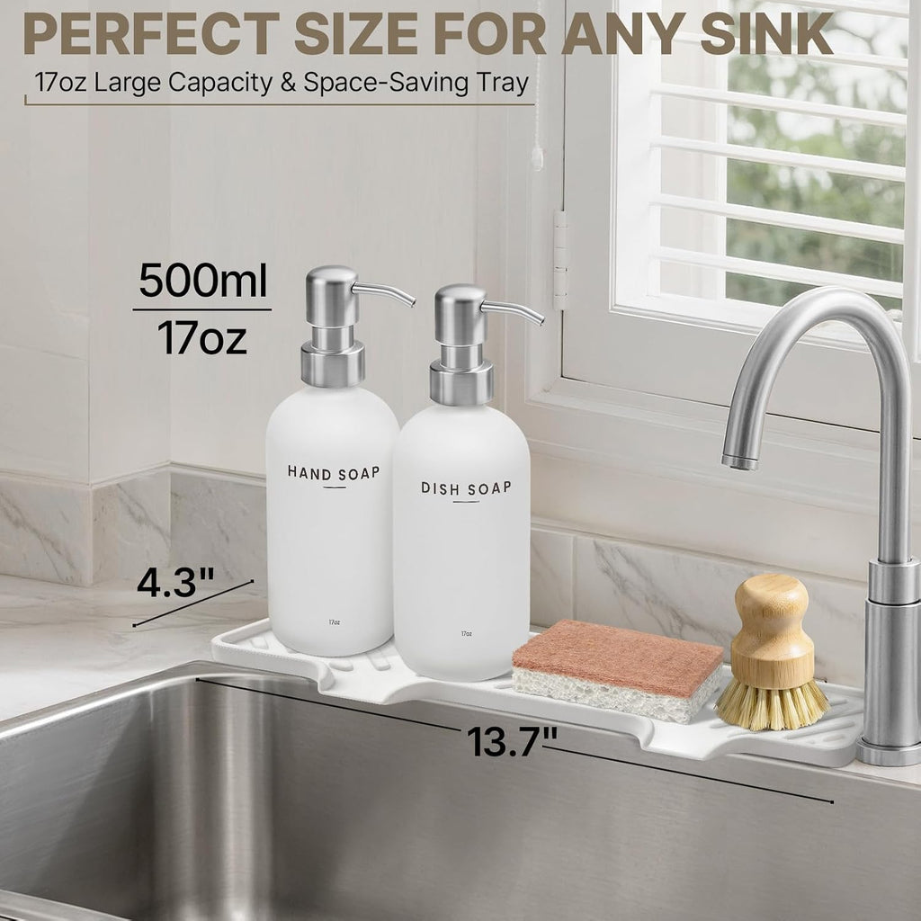 Kitchen Soap Dispenser Set with Self Draining Silicone Tray, Silver